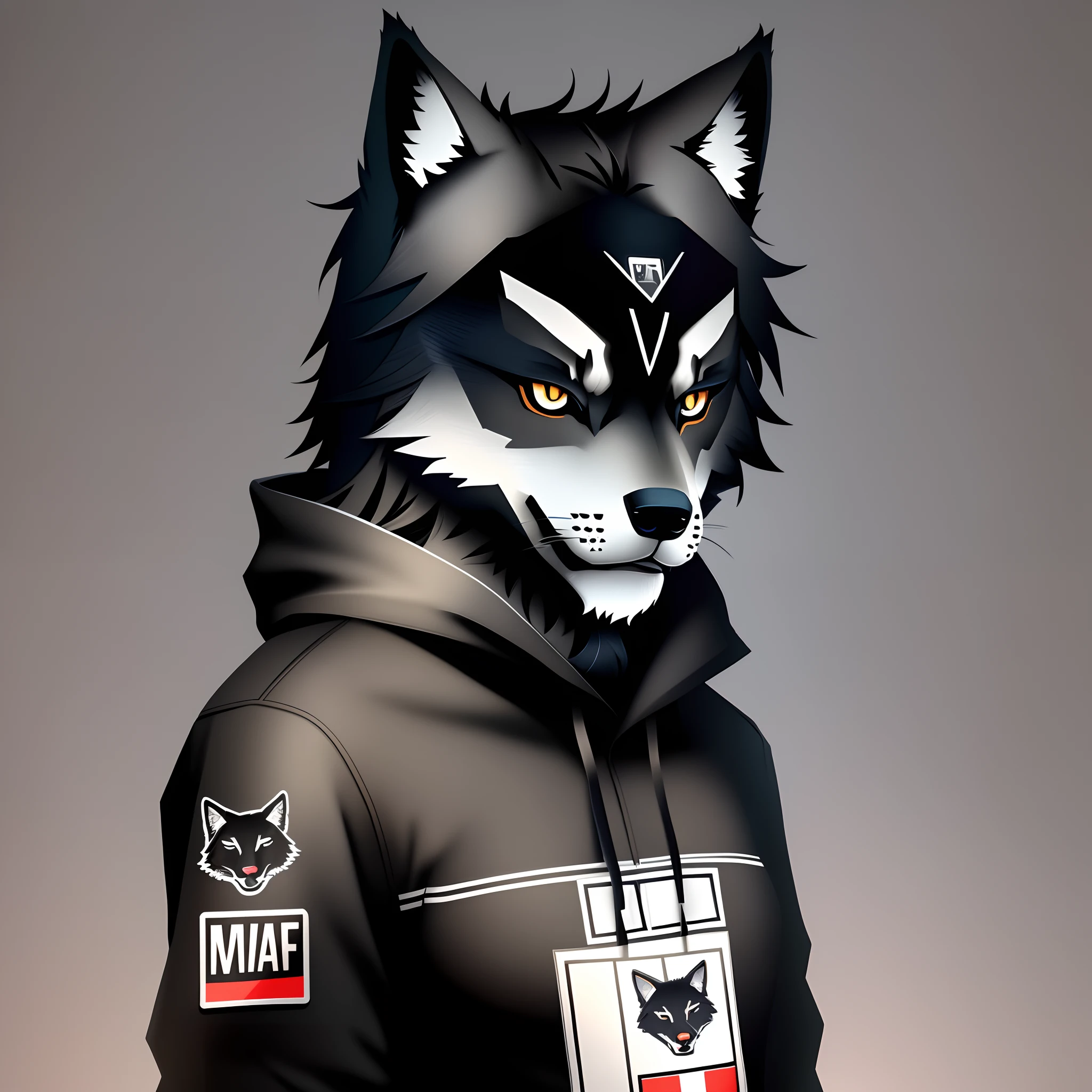 Animal, black wolf, upper body, (sticker), 2d illustration, icon