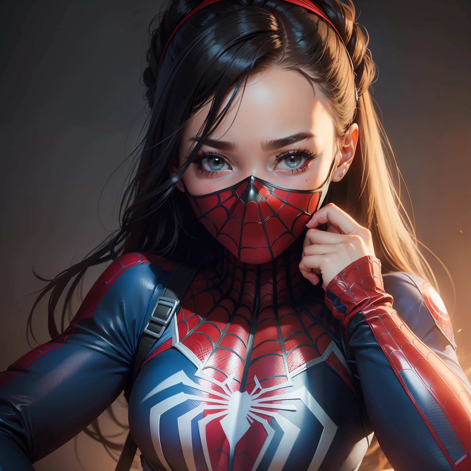 Girl putting on Spider-Man mask