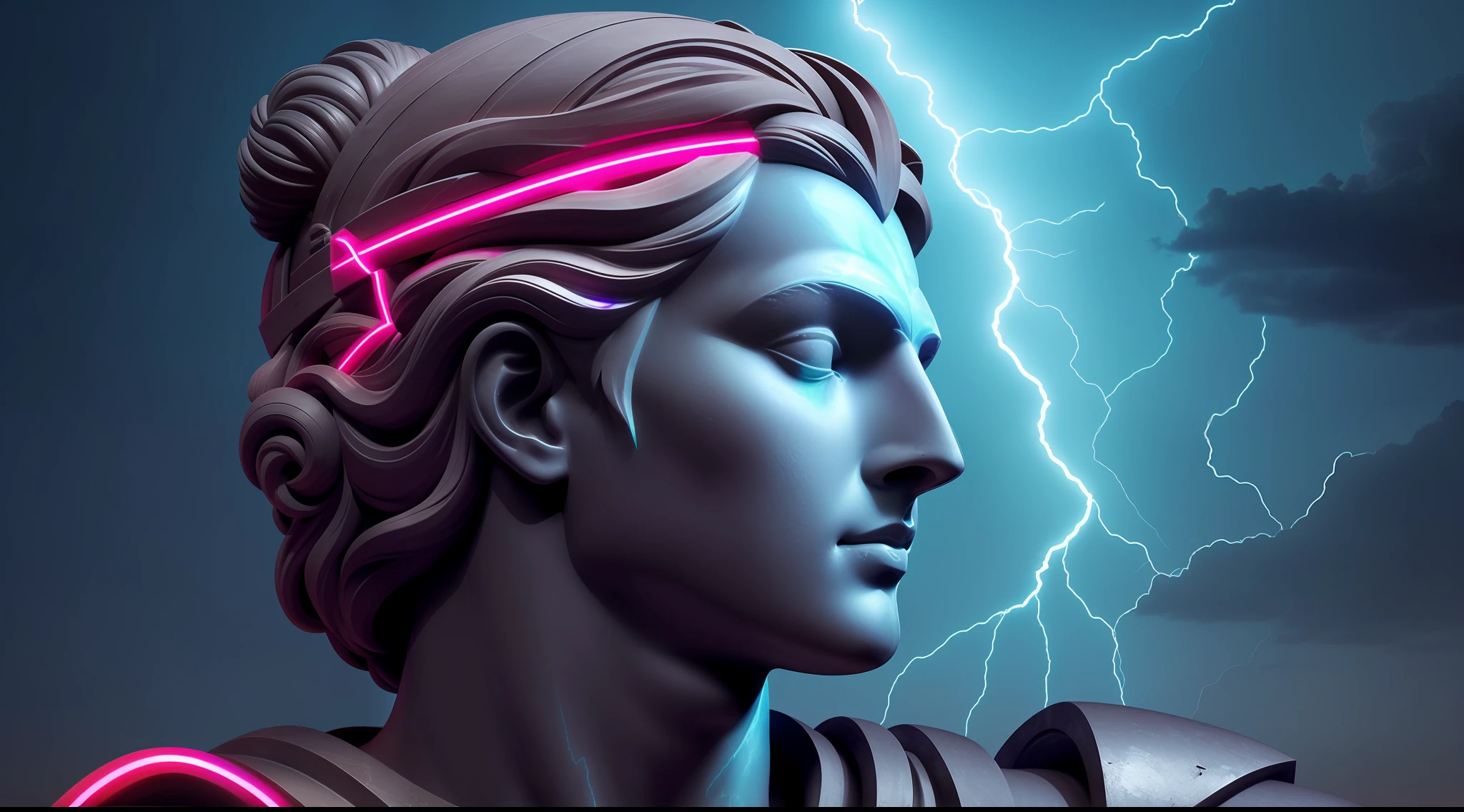 character in ancient Greek mythology, (neon lightning around the head:1.1), monument, chiton, peplos, (close-up of the head:1.2), lightning, sharp focus, fantasy, concept art, dynamic lighting, epic composition, Michelangelo style,