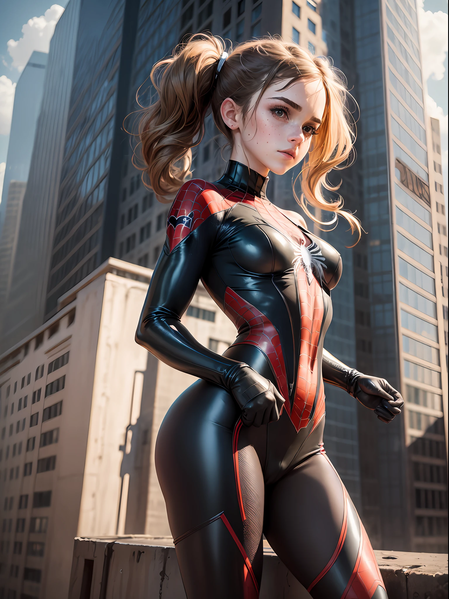 masterpiece. highly detailed. A beautiful Teen Emma Watson dressed as spider-girl in a tight intricate costume. slender and athletic. freckles. pigtails. She is on the roof of a building. sparkly hair. shiny skin.