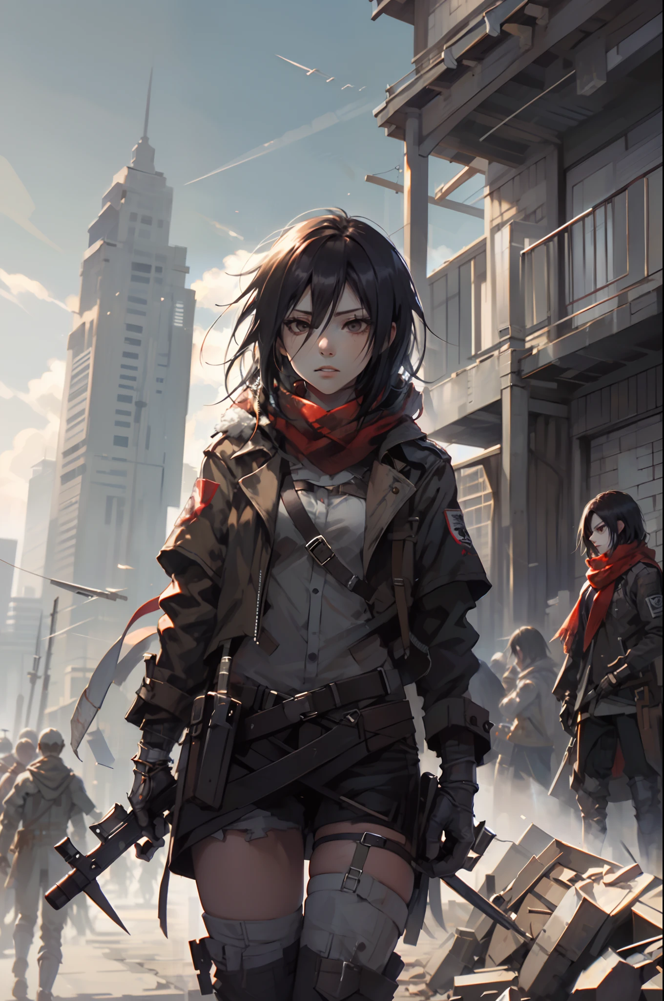 gpO\,best quality,1girl,mikasa_ackerman,Red scarf,sky,gloomy,Combat posture,Action art,Aim at the enemy,Face full of murderous look,sinister gang,butyric,weapon,Minimalism,Impact art,ruins,