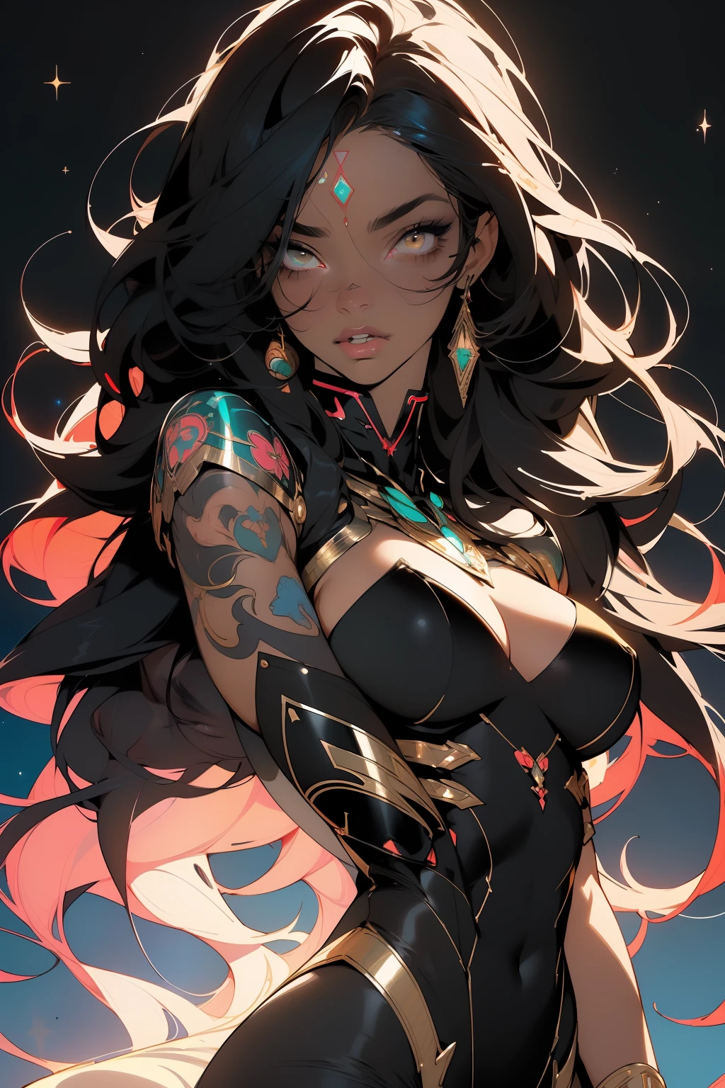 ((Best quality)), ((masterpiece)), (detailed: 1.4), (Absurd), muscular woman of 35 years, black kinetic skin with (((exposed black muscles)))), hot woman, sculptural body with defined muscles, closed mouth, muscular body covered by a micro thong, whole body covered by Genesis evangelion neon style clothing, (((large breasts)), (eyes with heavy and very black makeup), (((unkempt hair)), (stars covering the body), ((drawings of golden stars on the arms)), very long eyelashes, heavy eye makeup, lots of jewelry, by mucha, niji --V5, close to real, psychopath, crazy face, sexy pose, 2 piece clothes, pastel, centered, scale to fit the dimensions