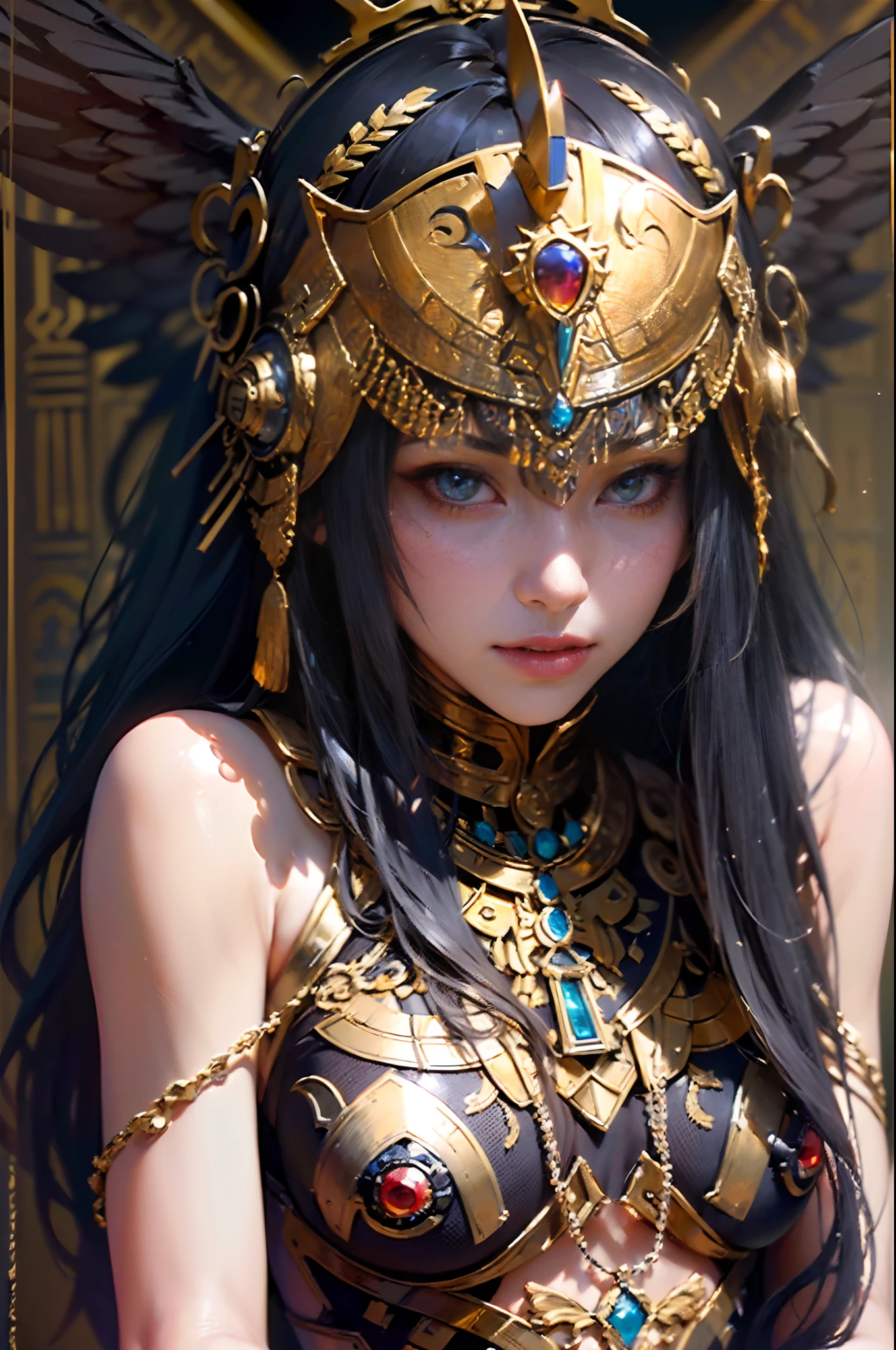 Anubis, ((Best quality)), ((masterpiece)), (detailed: 1.4), crysis nanosuit, square chin, Guweiz-style art, Guweiz, beautiful character painting, Guweiz in Artstation Pixiv, Guweiz in Pixiv ArtStation, beautiful digital art, Wlop Rossdraws, masterpiece Guweiz, (Absurd), ((head adornment that falls in two straps over the shoulders and has the part hanging over the nape of the neck tied in braid,  called nemes)), Thin woman, Egyptian airplane pilot ready for war, perfect body, dark skin, Tutankhamun mask, (((Hemhem crown on head, Style of a triple Atef)))), ((((Khat))), (((defined muscles, half thick bare thighs, closed mouth, only in panties, muscular body covered by technological clothing, Neon Genesis Evangelion style, cyberpunk, ((Sphinx)), (Cleopatra), head covered by an Egyptian ornament in the shape of a golden eagle wing,  ((perfect medium breasts)), (white eyes without pupils), ((black, silver and red clothing)), (((long black straight hair with heavy bangs on the forehead)))), (Egyptian ornaments), ((hieroglyphics on the arms)), short underwear, garter belt, by mucha, niji --V5, close to the real, psychopath, crazy face, sexy pose, background with a sphinx, 2 pieces clothing, pastel, centered, scale to fit the dimensions,  HDR (High Dynamic Range),Ray Tracing,NVIDIA RTX,Super-Resolution,Unreal 5,Subsurface Dispersion, PBR Texture, Post-processing, Anisotropic filtering, Depth of field, Maximum clarity and sharpness, Multilayer textures, Albedo and specular maps, Surface shading, Accurate simulation of light-material interaction, Perfect proportions, Octane Render, Two-tone lighting, Wide aperture, Low ISO, White balance, Rule of thirds,  8K RAW