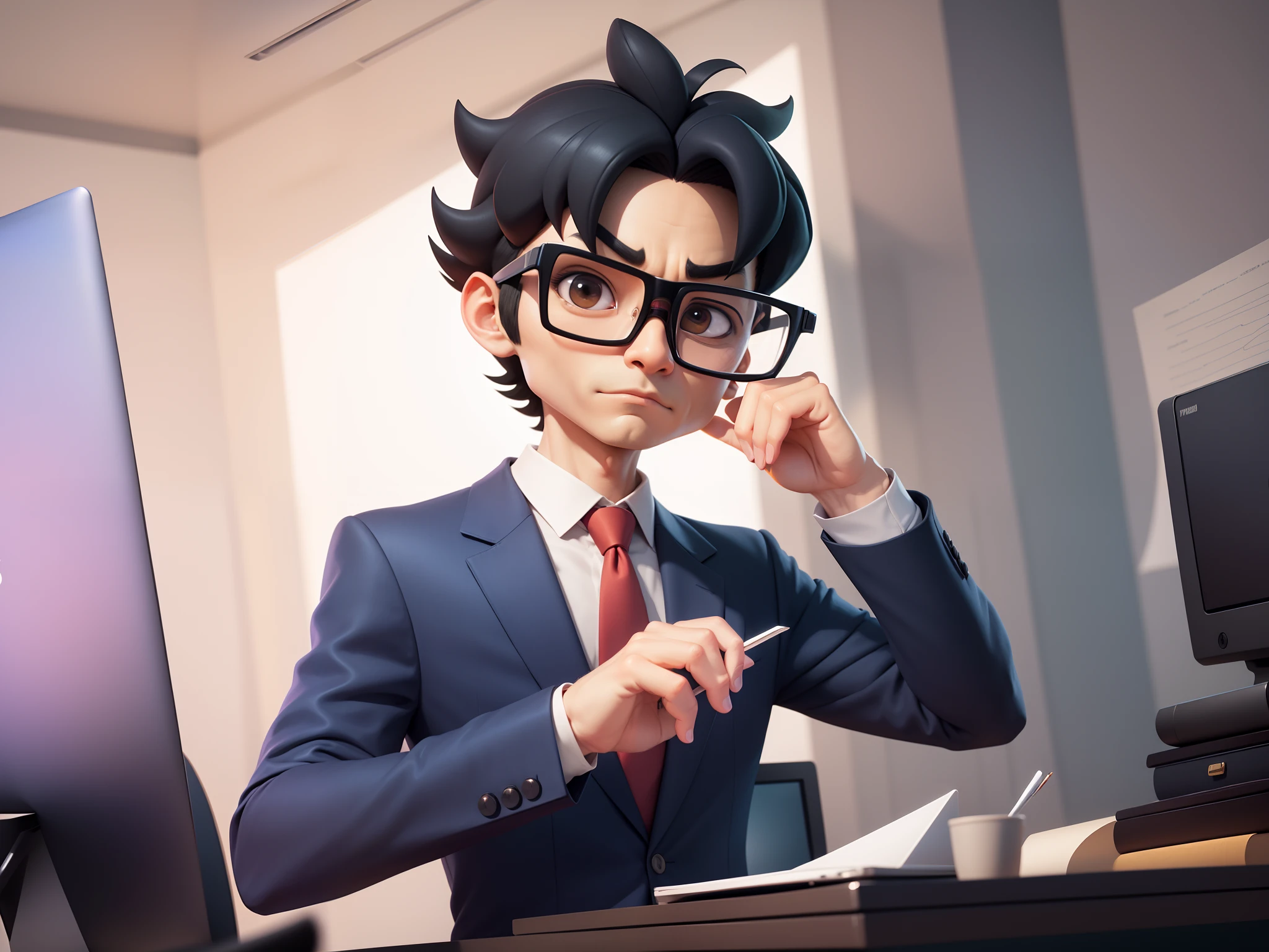A young man in a suit, Short hair and glasses sat at his desk，holding laptop，digitial painting，tigre，3D character design by Mark Clairen and Pixar and Hayao Miyazaki and Akira Toriyama，4K HD illustration，Very detailed facial features and cartoon-style visuals。