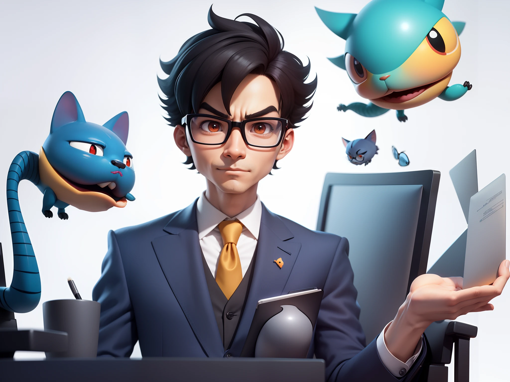 A young man in a suit, Short hair and glasses sat at his desk，holding laptop，digitial painting，tigre，3D character design by Mark Clairen and Pixar and Hayao Miyazaki and Akira Toriyama，4K HD illustration，Very detailed facial features and cartoon-style visuals。