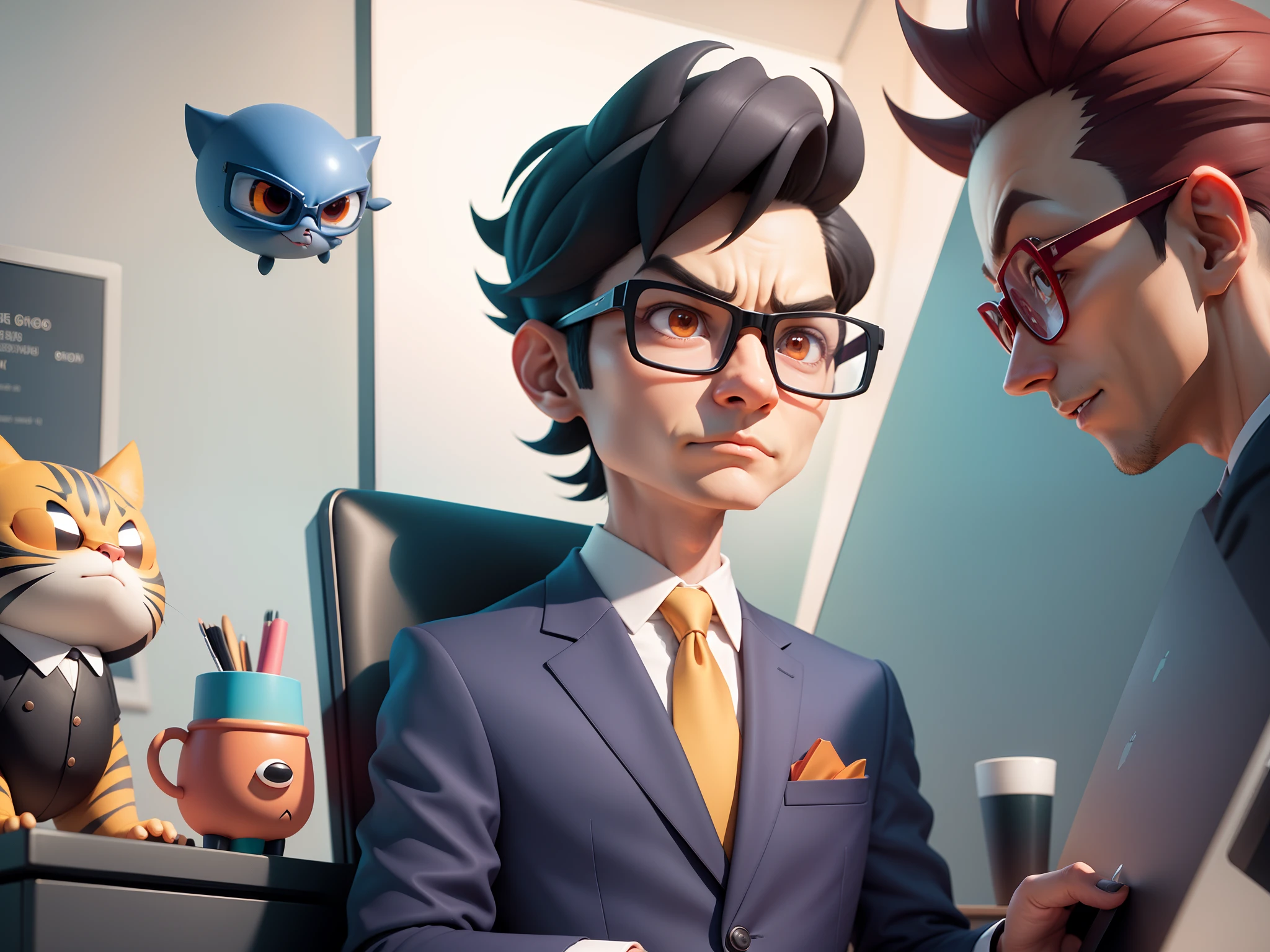 A young man in a suit, Short hair and glasses sat at his desk,holding laptop,digitial painting,tigre,3D character design by Mark Clairen and Pixar and Hayao Miyazaki and Akira Toriyama,4K HD illustration,Very detailed facial features and cartoon-style visuals。