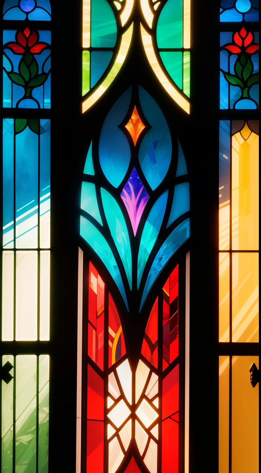 "transparent, minimal, art deco style, frontal view window pane with stained glass, blue, red, and green colors, illustration vector"