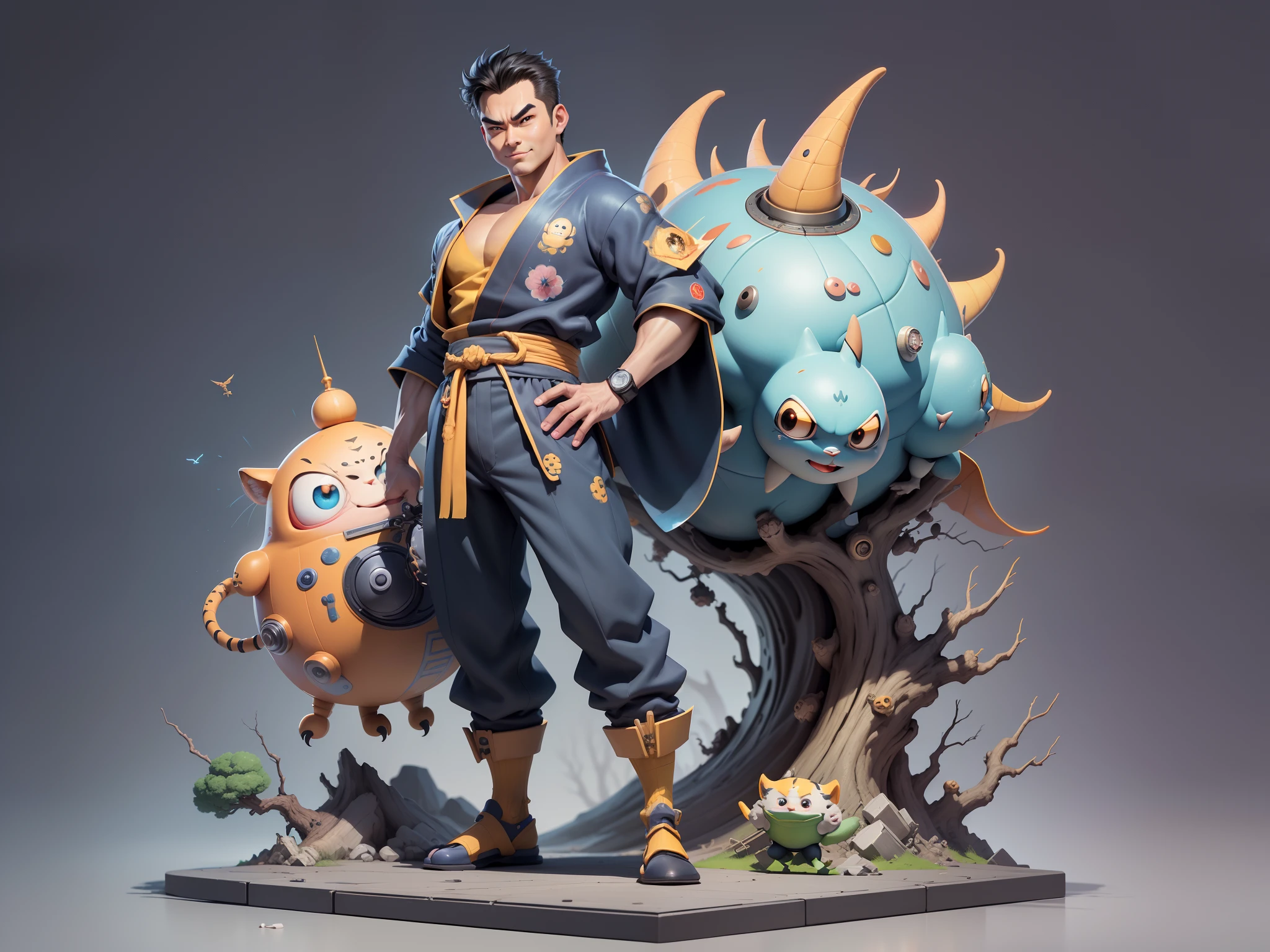 (Masterpiece), (Excellent), (Super Meticulous), (Full Body: 1.2), Super Young Man, Oriental Face, Japanese Kimono, Japanese Wind Thunder God, Dragon, Tiger, TV Anchor, Bust Portrait Illustration, Alone, Black Suit, Blue Tie, Slightly Chubby Face, Very Clean Face, No Beard, Black Super Short Hair, Black Eyes, Confident Smile, 3c Computer Sub-Products, iPad, iPhone, Digital Painting, 3D Character Design by Akira Toriyama and Mark Claireden and Pixar and Hayao Miyazaki, The illustration is a high-definition illustration in 4K resolution with very detailed facial features and cartoon-style visuals.