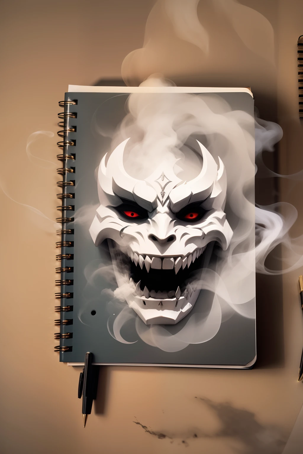 On the left is a white demon mask with a devil's smile, on the right is an old notebook, the color of the image is black, with white smoke floating in the air.