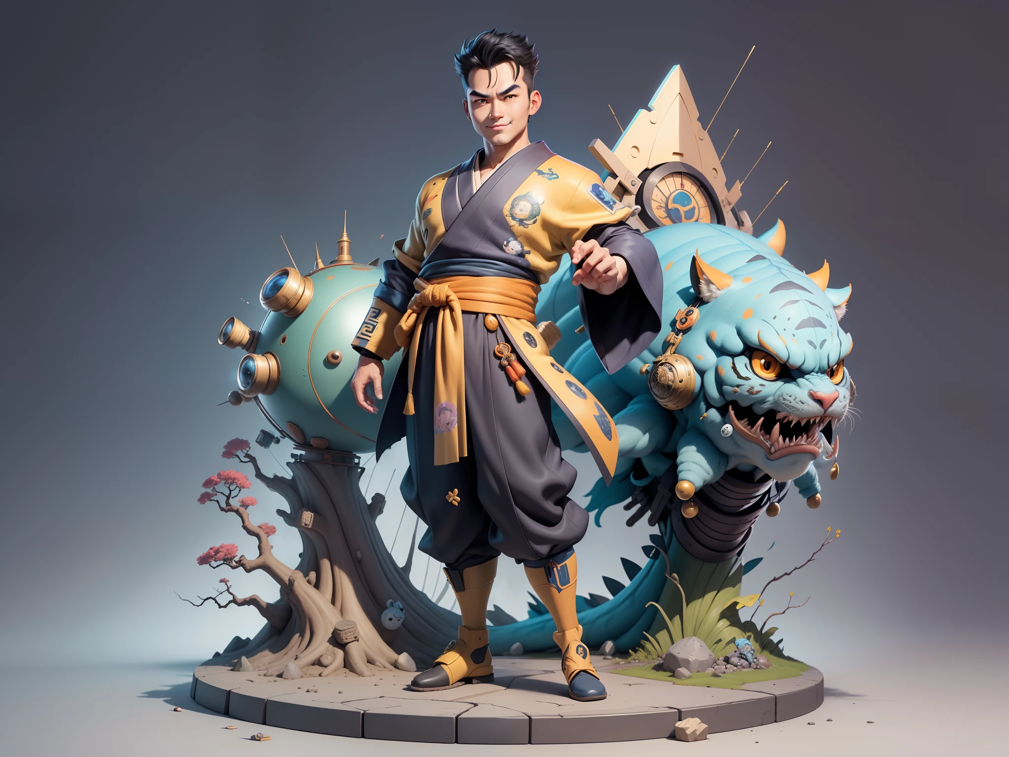 (Masterpiece), (Excellent), (Super Meticulous), (Full Body: 1.2), Super Young Man, Oriental Face, Japanese Kimono, Japanese Wind Thunder God, Dragon, Tiger, TV Anchor, Bust Portrait Illustration, Alone, Black Suit, Blue Tie, Slightly Chubby Face, Very Clean Face, No Beard, Black Super Short Hair, Black Eyes, Confident Smile, 3c Computer Sub-Products, iPad, iPhone, Digital Painting, 3D Character Design by Akira Toriyama and Mark Claireden and Pixar and Hayao Miyazaki, The illustration is a high-definition illustration in 4K resolution with very detailed facial features and cartoon-style visuals.