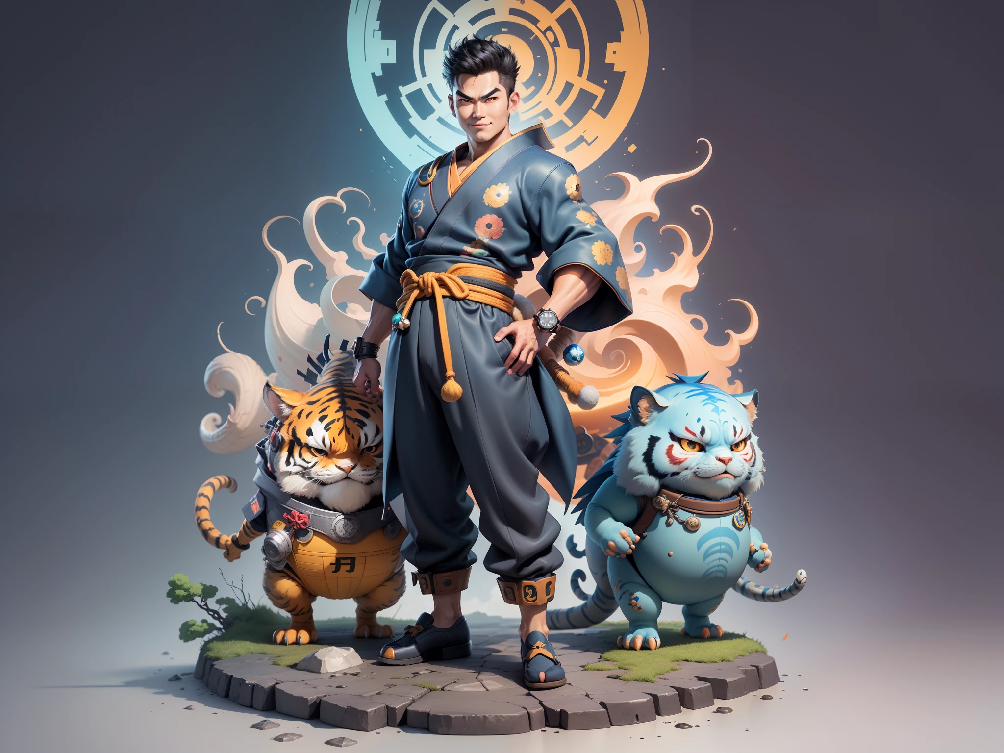 (Masterpiece), (Excellent), (Super Meticulous), (Full Body: 1.2), Super Young Man, Oriental Face, Japanese Kimono, Japanese Wind Thunder God, Dragon, Tiger, TV Anchor, Bust Portrait Illustration, Alone, Black Suit, Blue Tie, Slightly Chubby Face, Very Clean Face, No Beard, Black Super Short Hair, Black Eyes, Confident Smile, 3c Computer Sub-Products, iPad, iPhone, Digital Painting, 3D Character Design by Akira Toriyama and Mark Claireden and Pixar and Hayao Miyazaki, The illustration is a high-definition illustration in 4K resolution with very detailed facial features and cartoon-style visuals.
