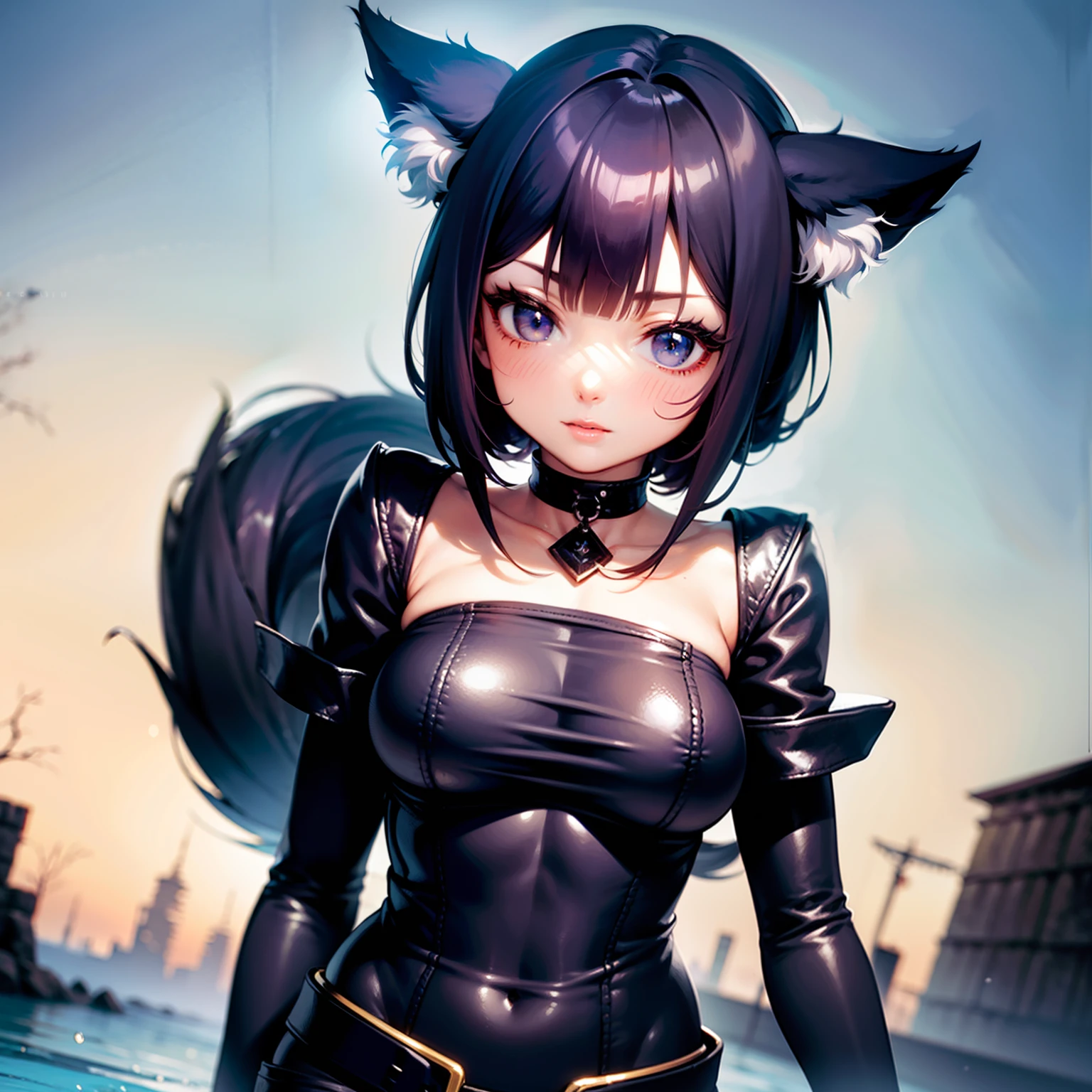 Menina negra, wolf-demon hybrid, com assas de anjo, com o uniforme da U. A de boku no hero, com heterocromia, one eye violet and the other water green, com lobos ao seu lado, com a individualidade infinit, cabelos pretos,.