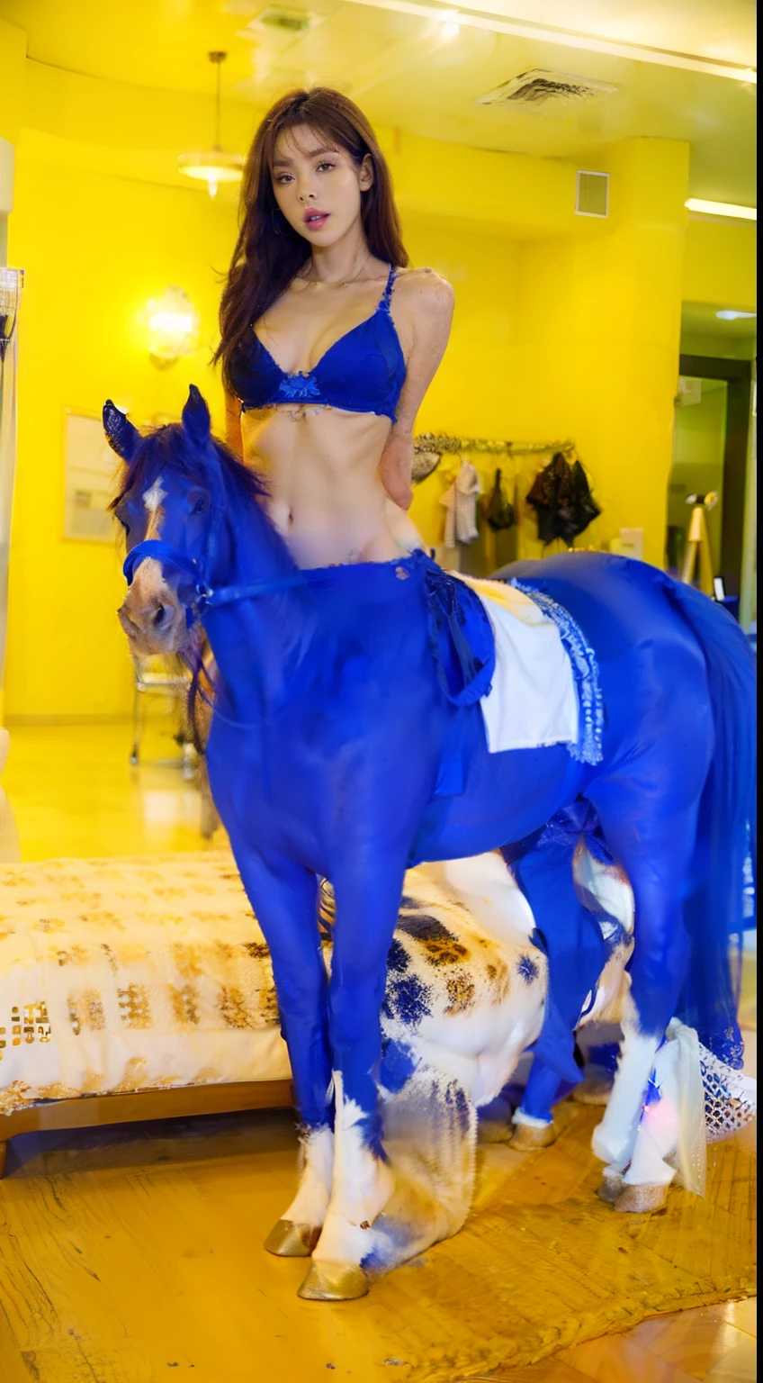 Female: Centaur, half human, half horse, half horse, half horse。Use the Midjourney Advanced Tools and Stroke Tools Material Pack Model Pack Palette to make half-man and half-horse parts，The sternum narrows significantly/The lumbar and abdominal cavity is greatly narrowed/The waist and abdomen are lengthened/Leg lengthening，Makes the figure slim and slim，Sexual characteristics are pronounced，Significantly reduces muscle ratio and maximizes skin line and texture，Tightens the curves of the body，Use light to accentuate the contours and curves of the waist and abdomen。Large wide angle，Ultra-grand scenes，super wide shot，Full body photo，in a panoramic view， hdr，（真实感，Masterpiece quality，best qualtiy），