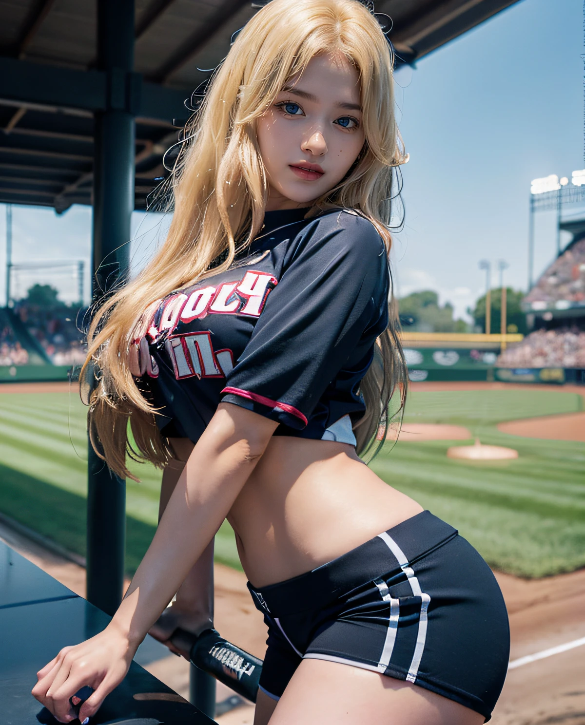1girl, ((Blue Eyes)), smiley face, ((Sana Minatozaki)), wide hips, Big Boobs, big ass, (Best Quality, 8k, Masterpiece: 1.3)) ) , Clear Focus: 1.2, Perfect Body Beauty : 1.4, Slender Abs: 1.2, Wet Body: 1.5, Highly detailed face and skin texture, detailed eyes, double eyelids, (long blonde hair), (baseball jersey), (baseball pants), standing on a baseball field, grandstands in the background