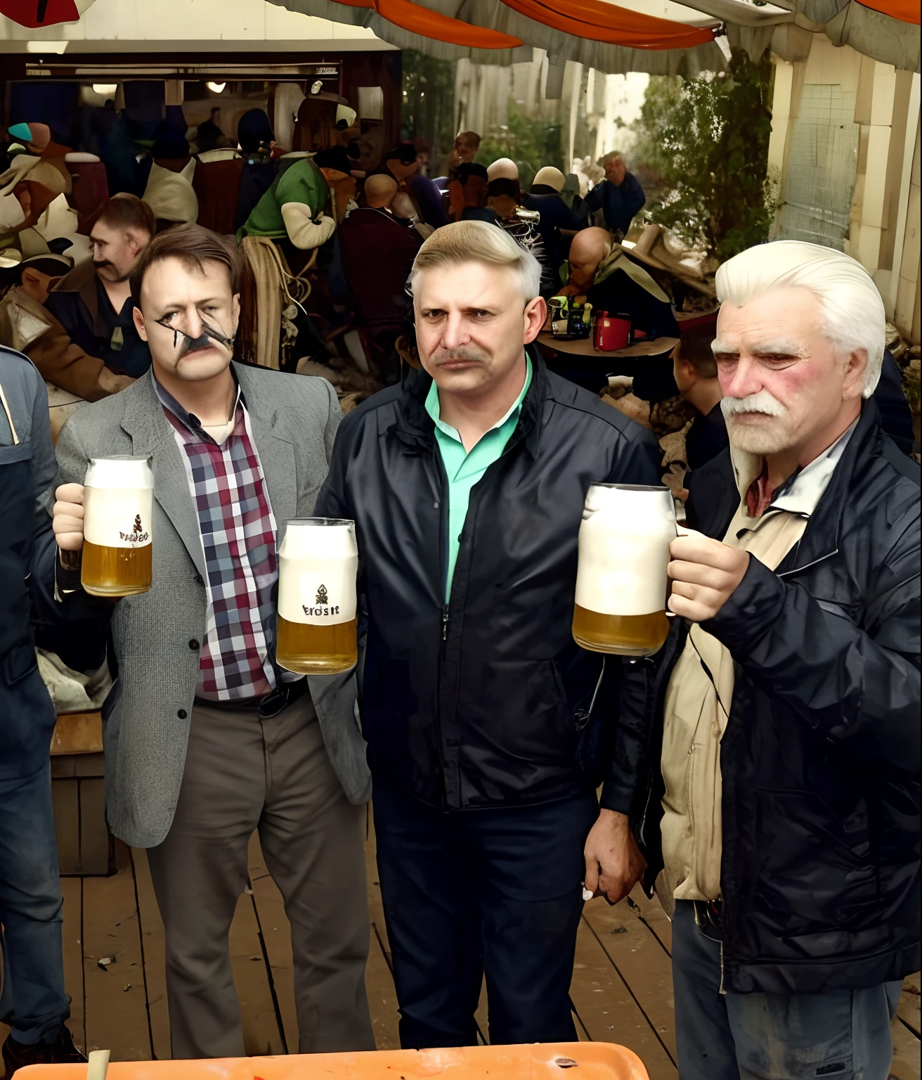 three men in uniform and mustaches drink beer in an apocalyptic destructive dystopian gloomy atmosphere between burning garbage cans in the period circa 1916. war front, 8k, greyscale