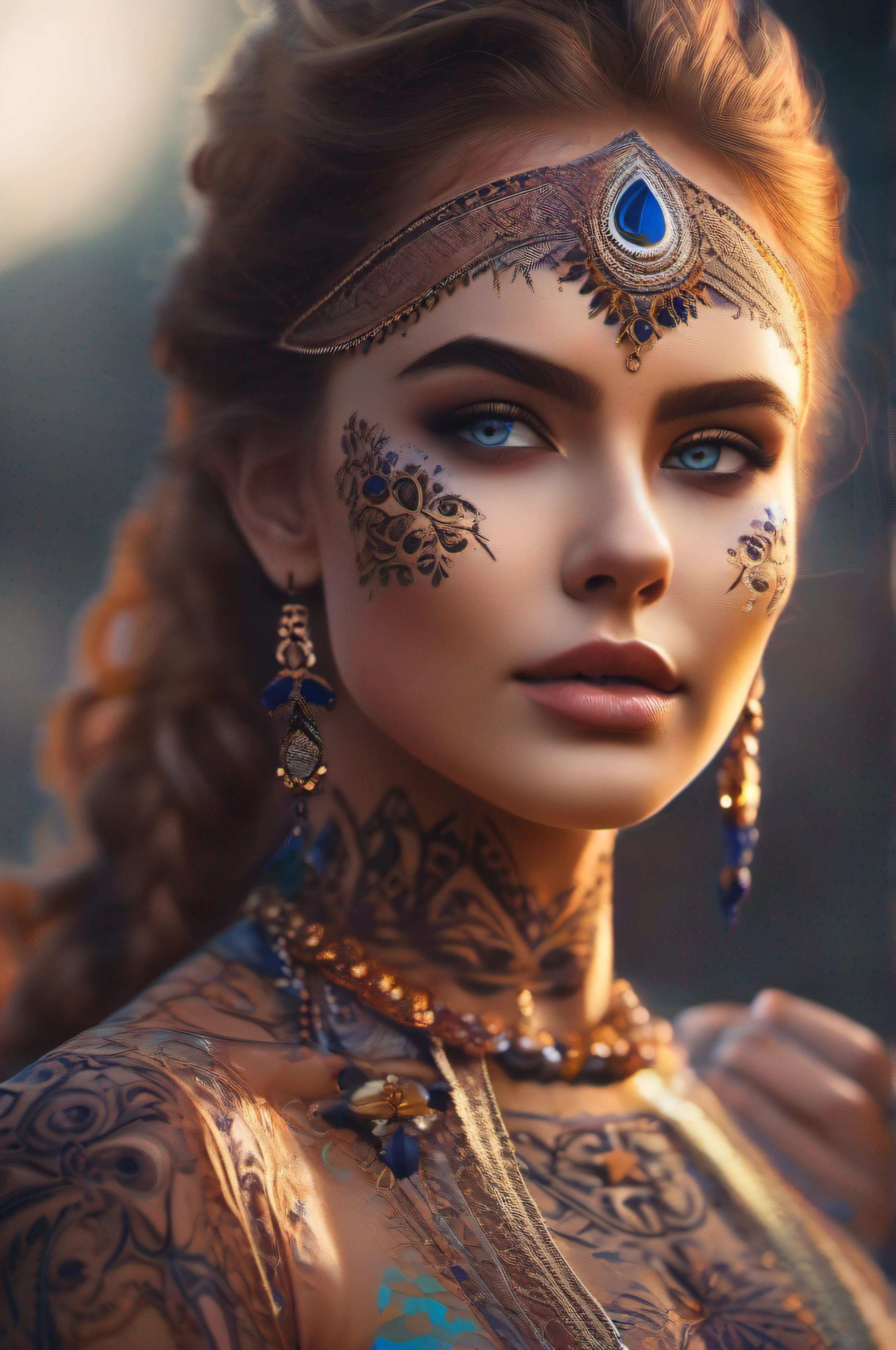 A vibrant cinematic photo of a Russian lady, face paint intricate henna pattern, feminine, seductress. Octane render, high quality, Hyperrealistic, splash art, concept art, waist high portrait, intricately detailed, color depth, dramatic, side light, fantasy garden background, centered, bokeh, side light