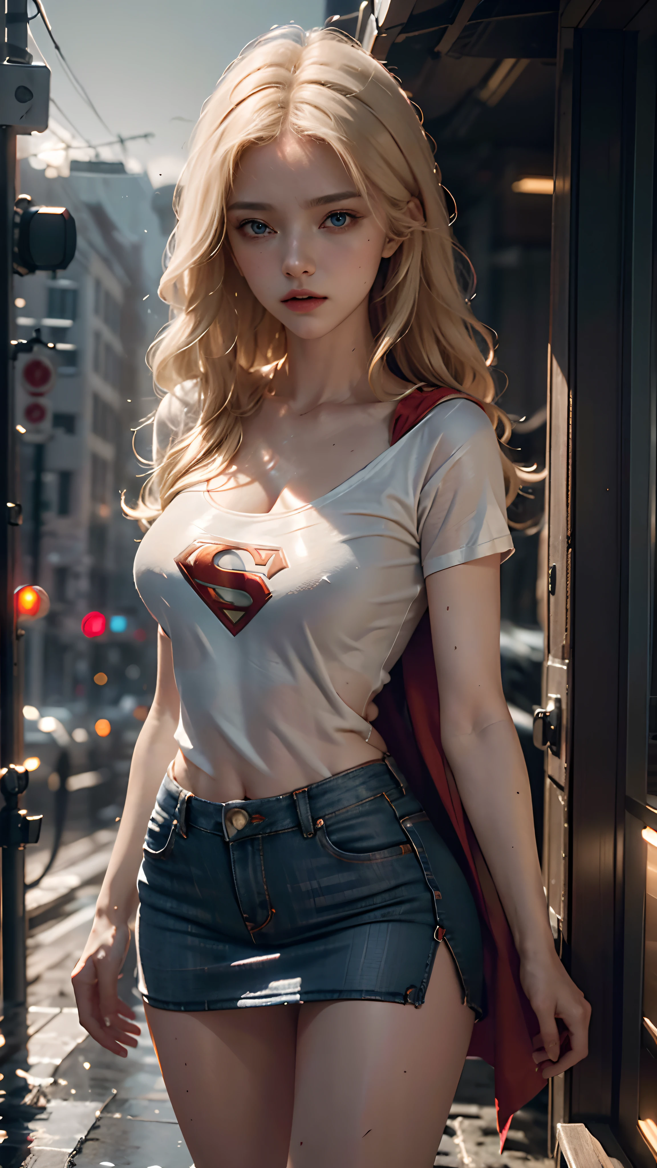 Beautiful woman with wavy blonde hair, delicate and charming blue eyes, thigh notch, sexy long legs, t-shirt in (jeans short skirt), with superman letter S, cute futuristic cyberpunk + city, mist, damp, rain, best quality masterpiece, realistic, detailed, 8k, HDR, shallow depth of field, wide light, high contrast, backlight, flood, flash, chromatic aberration,  sharp focus, RAW color photo, superman S symbol on the chest.