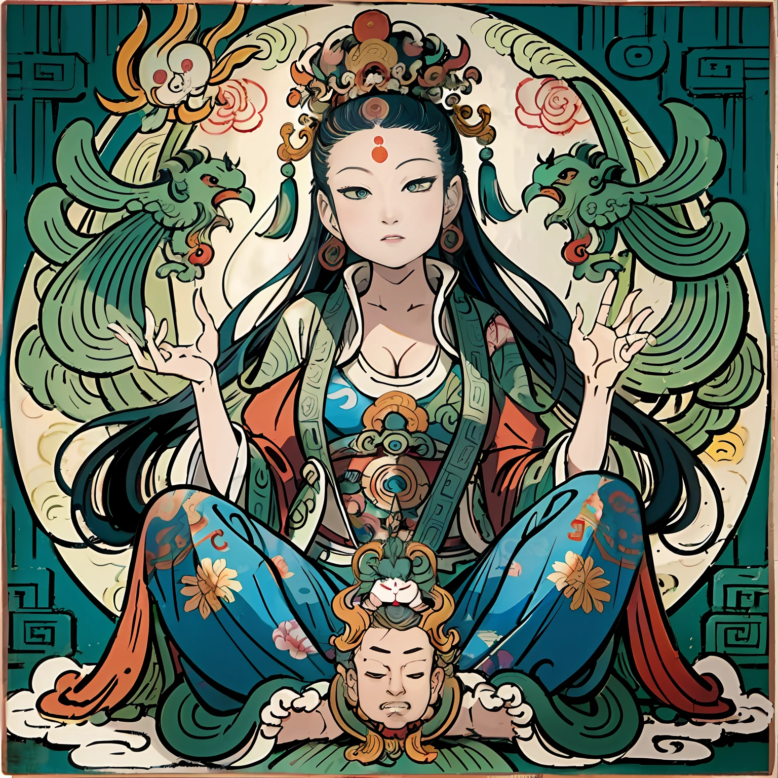 an ancient Chinese goddess, guanyin of the southern seas, Guanyin, Inspired by India, Avalokiteshvara rides a phoenix,,Serene expression,shui mo hua,Buddha,Buddhist,Lotus,Chinese painting style,Thangka style