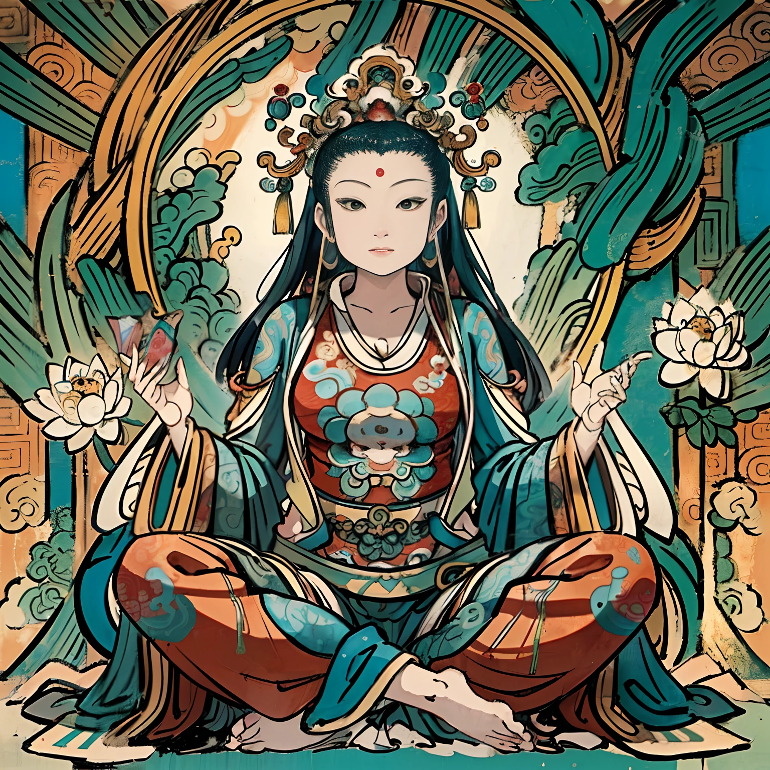 an ancient Chinese goddess, guanyin of the southern seas, Guanyin, Inspired by India, Avalokiteshvara rides a phoenix,,Serene expression,shui mo hua,Buddha,Buddhist,Lotus,Chinese painting style,Thangka style