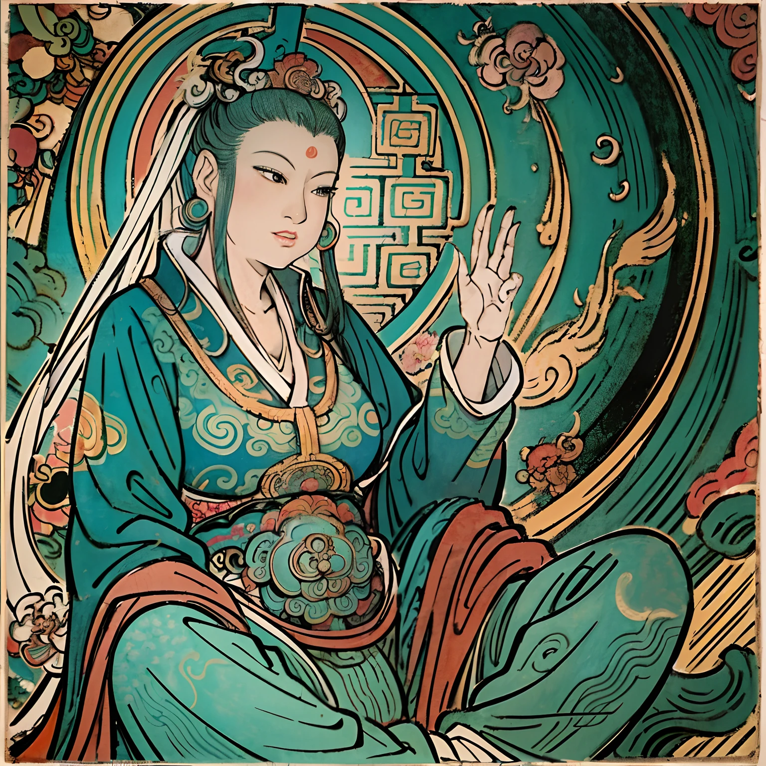 an ancient Chinese goddess, guanyin of the southern seas, Guanyin, Inspired by India, Avalokiteshvara rides a phoenix,,Serene expression,shui mo hua,Buddha,Buddhist,Lotus,Chinese painting style,Thangka style