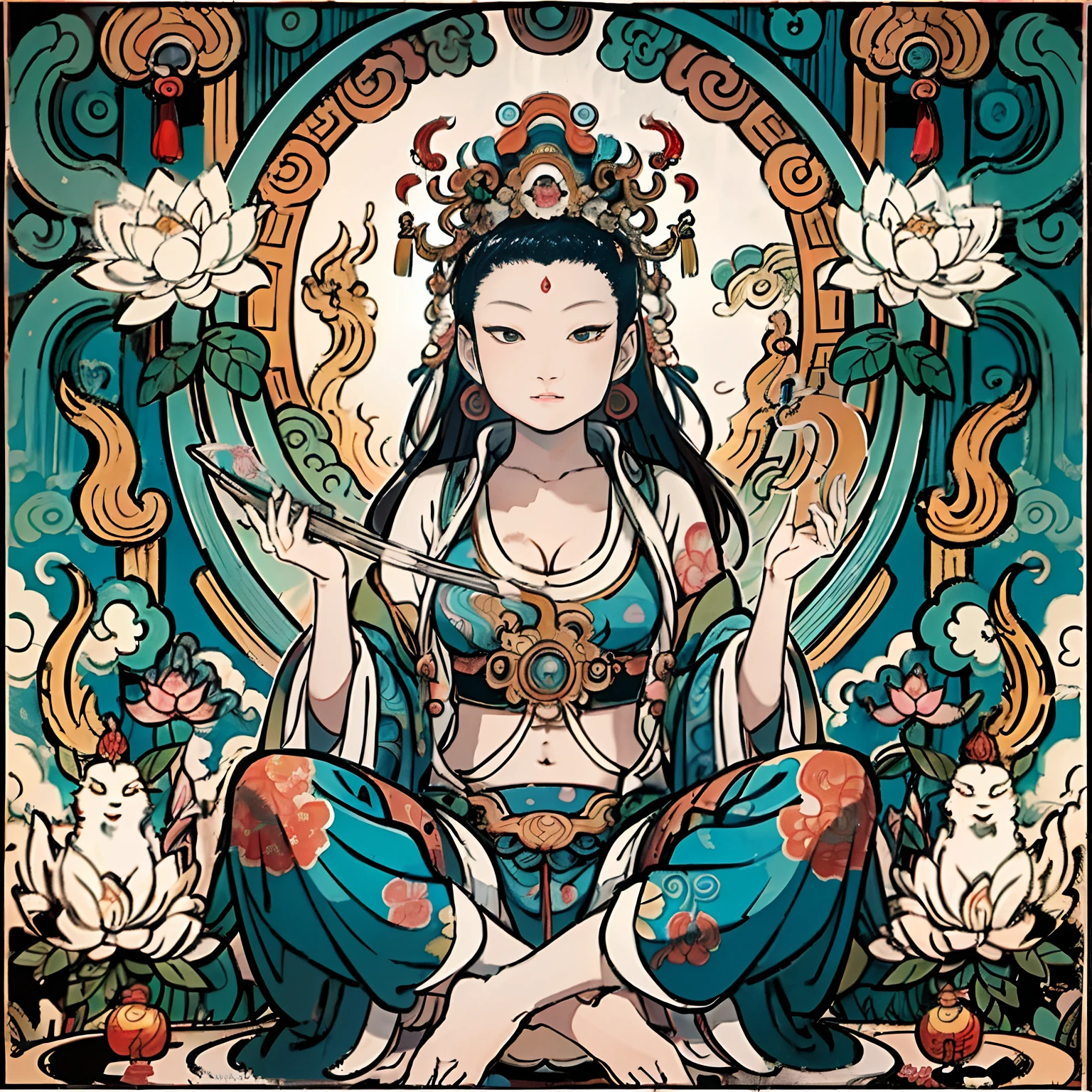 an ancient Chinese goddess, guanyin of the southern seas, Guanyin, Inspired by India, Avalokiteshvara rides a phoenix，,Serene expression,shui mo hua,Buddha,Buddhist,Lotus,Chinese painting style,Thangka style