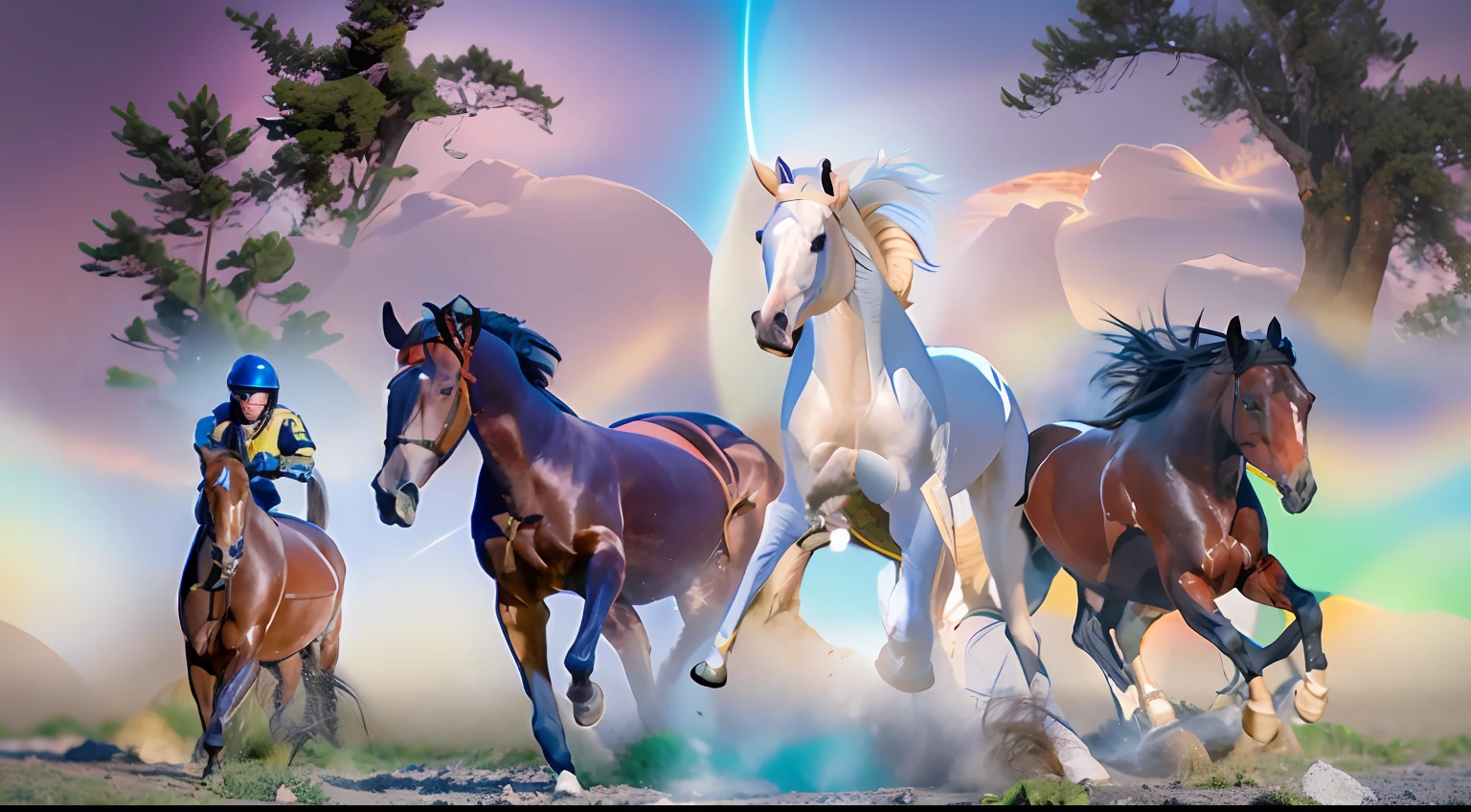 8 horses，Ultra-grand scenes，super wide shot，1#Horses，2#Horses，3#Horses，4#Horses，5#Horses，6#Horses，7#Horses，8#Horses。In a large herd of horses，Extremely special and rare eight horses surround each other，Gallop across the steppe like a clock。The vast plains of the epic scene are rich in aquatic plants，In the distance is the snow-capped summit of Mount Everest，Snow creek flows into the sea，At the other end is the magnificent giant city，The horse team entered and exited from the city gate。
The Lightcast Pegasus from the Supreme Heaven has a rainbow aperture from the Supreme Heaven，She rides between light and pure，No additional ornaments are needed to highlight her dignity and holiness，Even the sky showed her a clear sky，She has a deep enmity with the nightmare heavy ride from hell，The two never put their heads next to each other，Surrounded by sulphurous flames, the Hellmare Heavy Ride makes every time a horse's hooves fall, stepping flat grass out of the lava from the ground，The sky in the steppe is brighter，It makes the earth deeper。
The wind wings of the wind elf horse let its position be erratic，She carries a cyan aperture lightly and always can't help but tease the mechanical horse，The mechanical horse is full of mecha beauty，The shoulder back position always reveals delicate mechanical fittings，Four kicks with a hydraulic pump and electromagnetic ejection device。
Unicorns want to steal all horses from their pure and flawless beauty，But on the side, the fairy dragon horse is comparing with it，Their unique elven-patterned armor and colorful saddles make them the most stylish horses。
The female knight is charging on her knightly warhorse，Her lofty ideals made her will unstoppable，There is no doubt that she is the protagonist of this picture。And a chaotic horse from uncharted territory，It blends in and has a weird style and chaotic colors that are almost unimaginable，This gives the whole picture an extremely dangerous uncertainty，The slightest mistake can disrupt the w