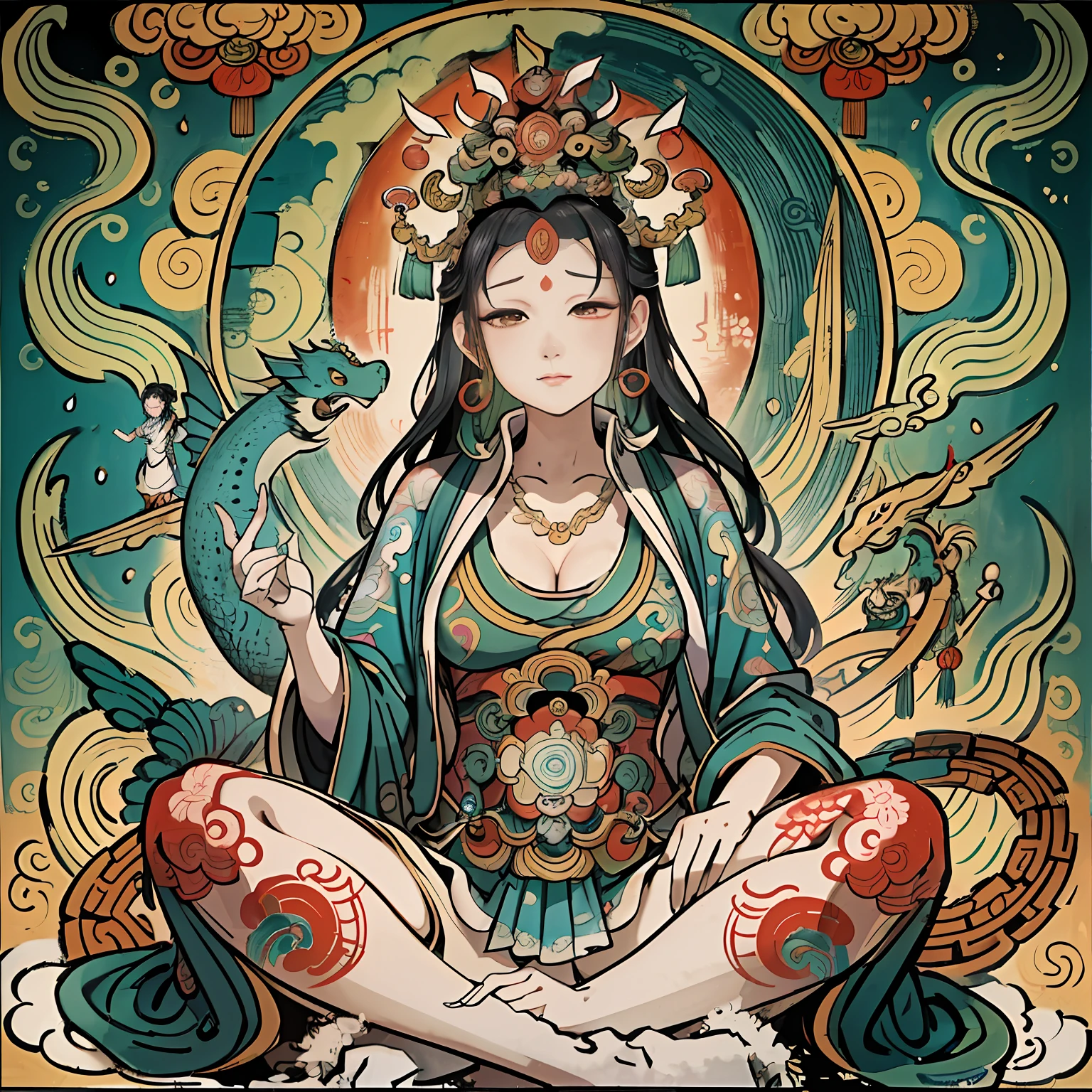 an ancient Chinese goddess, guanyin of the southern seas, Guanyin, Inspired by India, Avalokiteshvara Bodhisattva Dragon，,Serene expression,shui mo hua,Buddha,Buddhist,Lotus,Chinese painting style,Thangka style