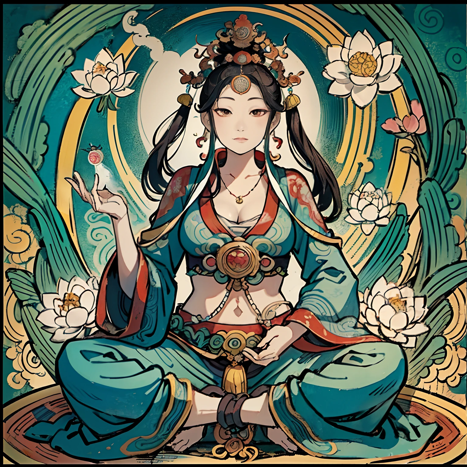 an ancient Chinese goddess, guanyin of the southern seas, Guanyin, Inspired by India, Avalokiteshvara Bodhisattva Dragon,,Serene expression,shui mo hua,Buddha,Buddhist,Lotus,Chinese painting style,Thangka style