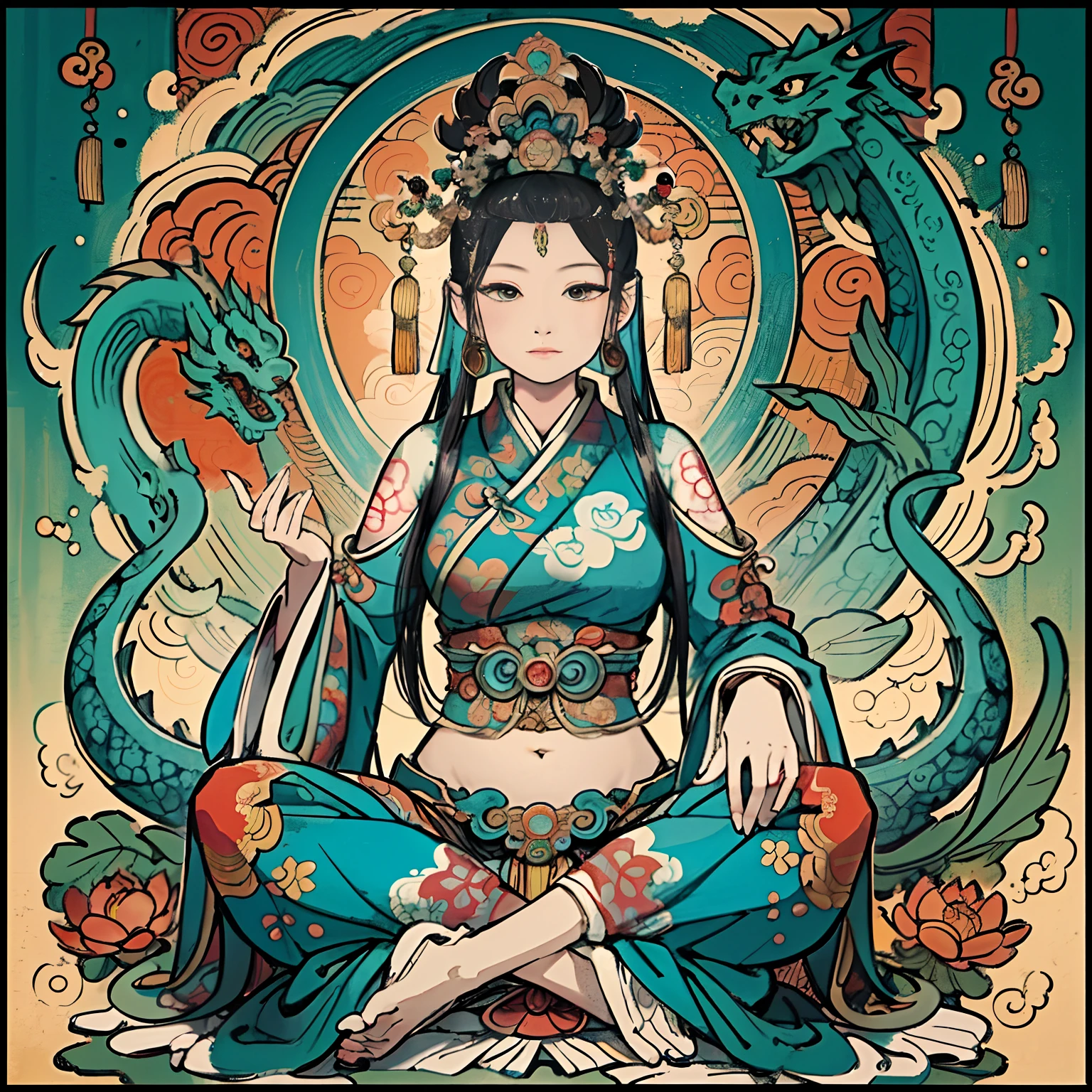 an ancient Chinese goddess, guanyin of the southern seas, Guanyin, Inspired by India, Avalokiteshvara Bodhisattva Dragon,,Serene expression,shui mo hua,Buddha,Buddhist,Lotus,Chinese painting style,Thangka style