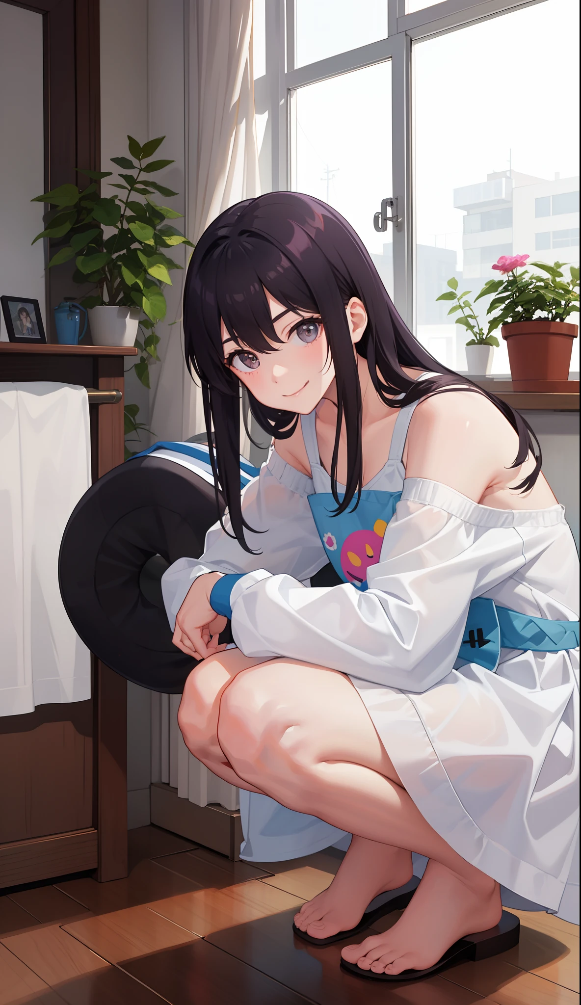 1girl in、A smile、Underwear、Cute underwear、Upper body portrait、Squatting panchira、