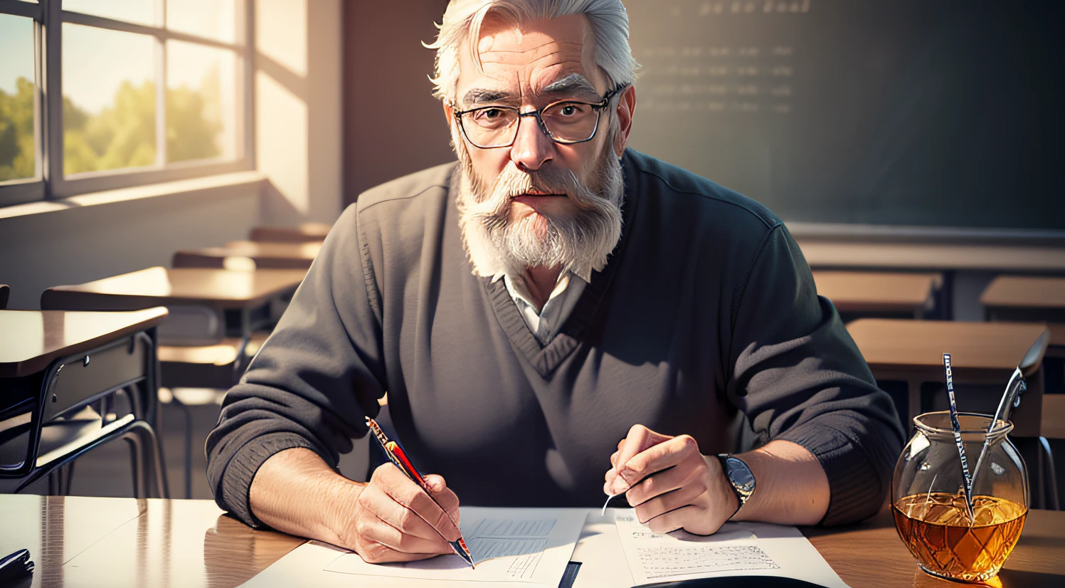 Drawing, ultra realistic, 8k, extremely detailed, in the best quality, a man, looking 50 years old, teacher, with beard, and glasses, in a classroom, and in his hands a large transparent and empty glass jug.