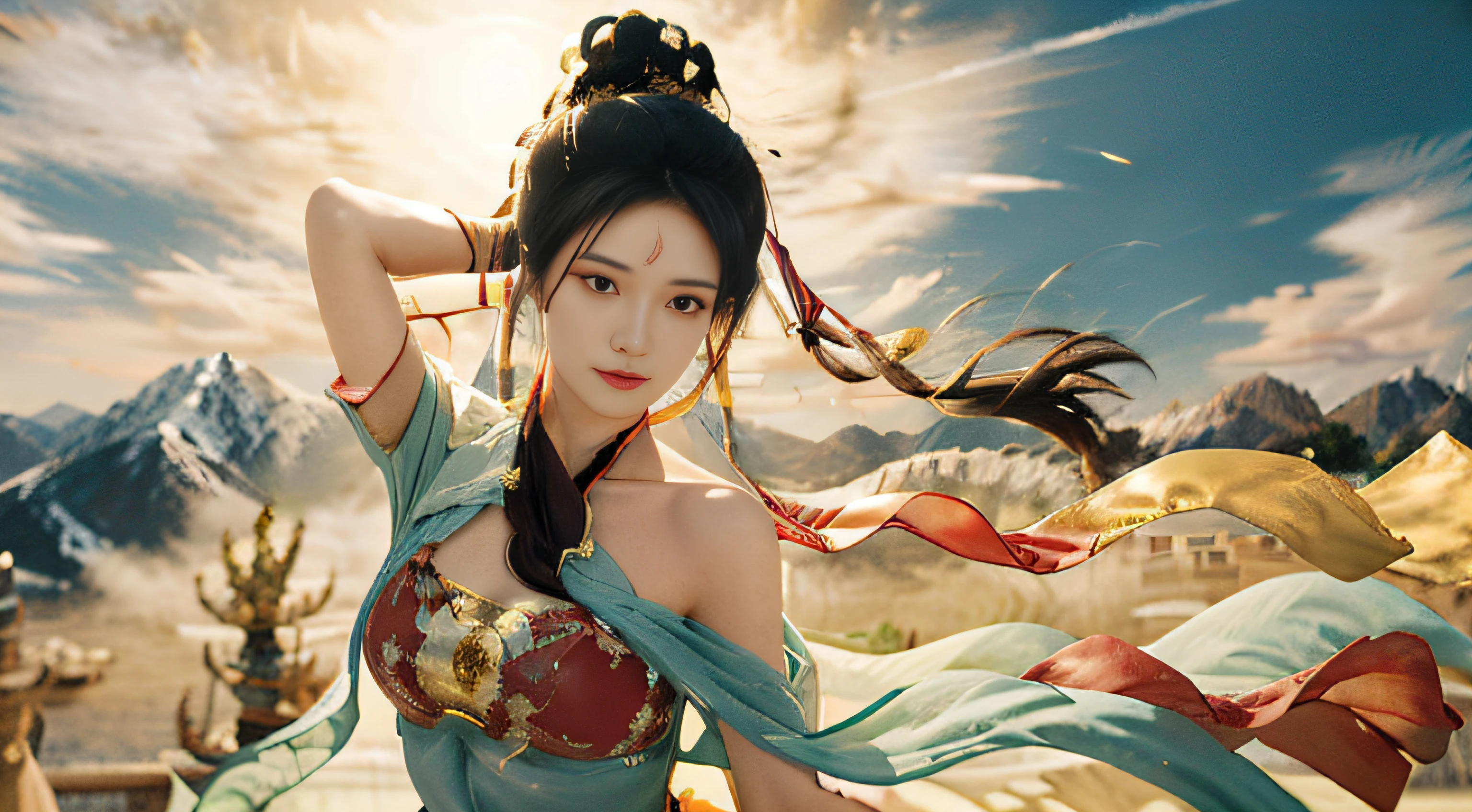 Masterpiece, Surrealistic, 32k, very detailed CG unified 8k wallpaper, best quality, realistic, Dunhuang Apsaras photo, 1 girl, (white robe), in a charming scene, rich background, Swiss Alps, Switzerland, (Haruhi)), very detailed, exquisite beautiful face, big eyes looking at the audience, natural expression, charming smile, Bust photo, Dance, Dunhuang costume, Dunhuang style, arms, dancing with ribbons, colorful ribbons blowing in the wind, golden jewelry, dance postures, Ancient Chinese hairstyles, flowing hair, streamers, flying in the air, light makeup, eye shadow, brow lines, (face), dynamics, petal flight, Details, Jewelry, earrings, bracelets, shoulders, Intricate textures, chest, Guqin, wind pipe, A beautiful woman is flying through the air, soaring on the clouds, the wind gently lifting her robe, emphasizing the feeling of flight as they gracefully fly across the ethereal cloud scene