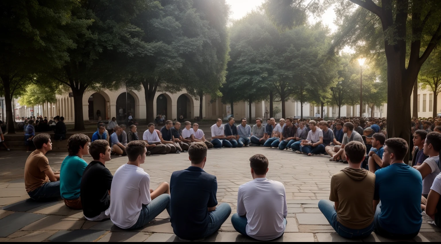 Scene of a group of young 5 people gathered to hear about Luke's experiences in the square