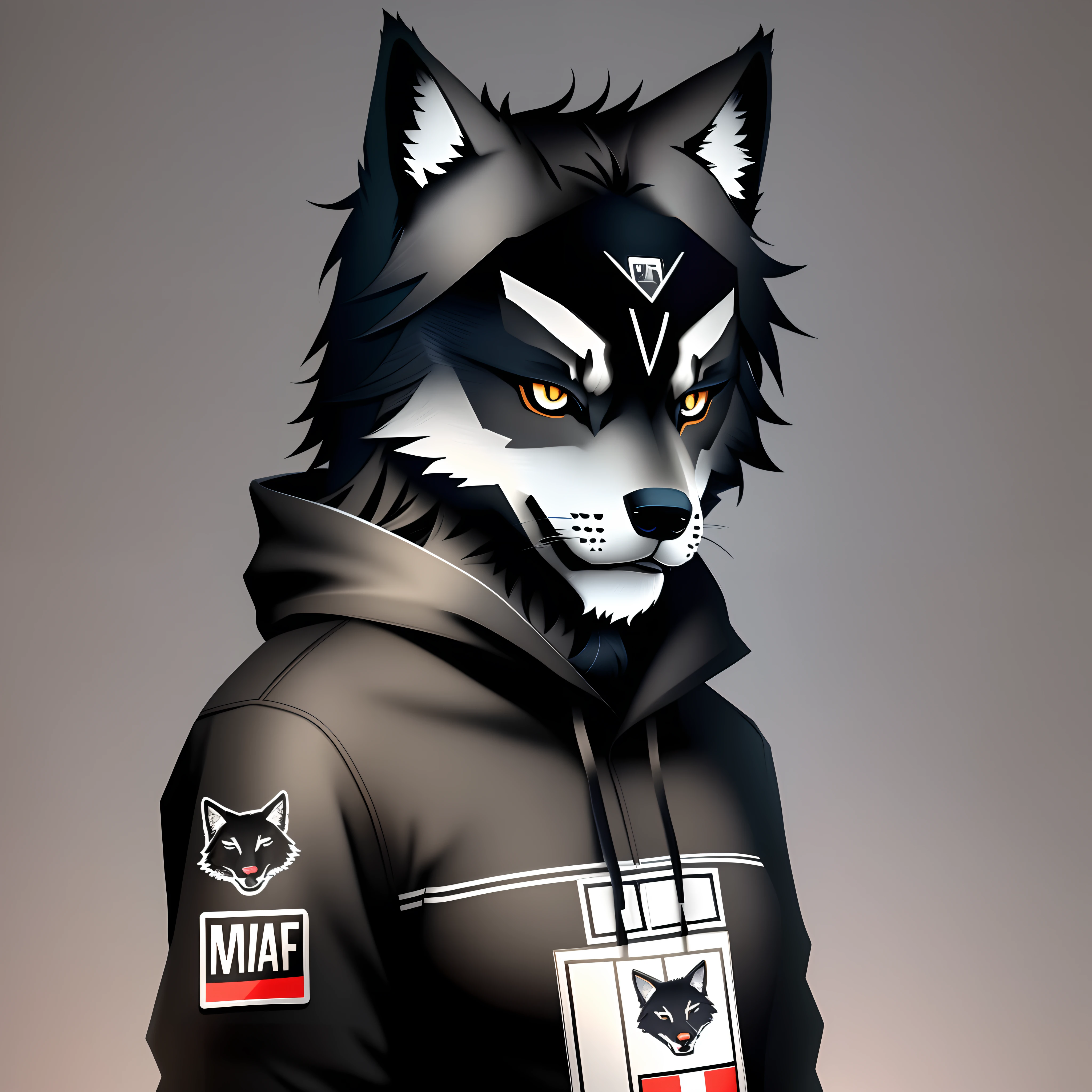 Animal, black wolf, upper body, (sticker), 2d illustration, icon