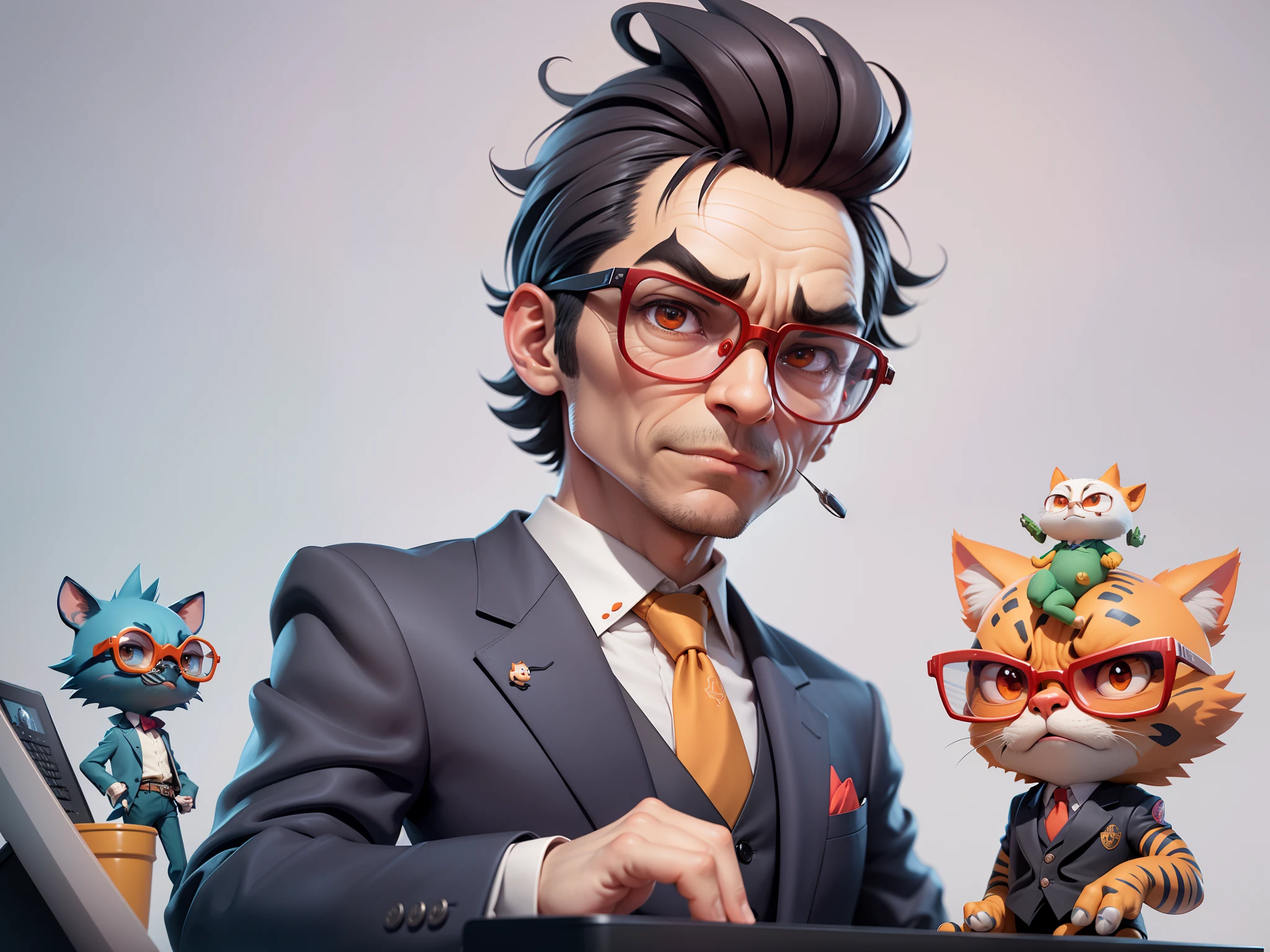 A young man in a suit, Short hair and glasses sat at his desk,holding laptop,digitial painting,tigre,3D character design by Mark Clairen and Pixar and Hayao Miyazaki and Akira Toriyama,4K HD illustration,Very detailed facial features and cartoon-style visuals。