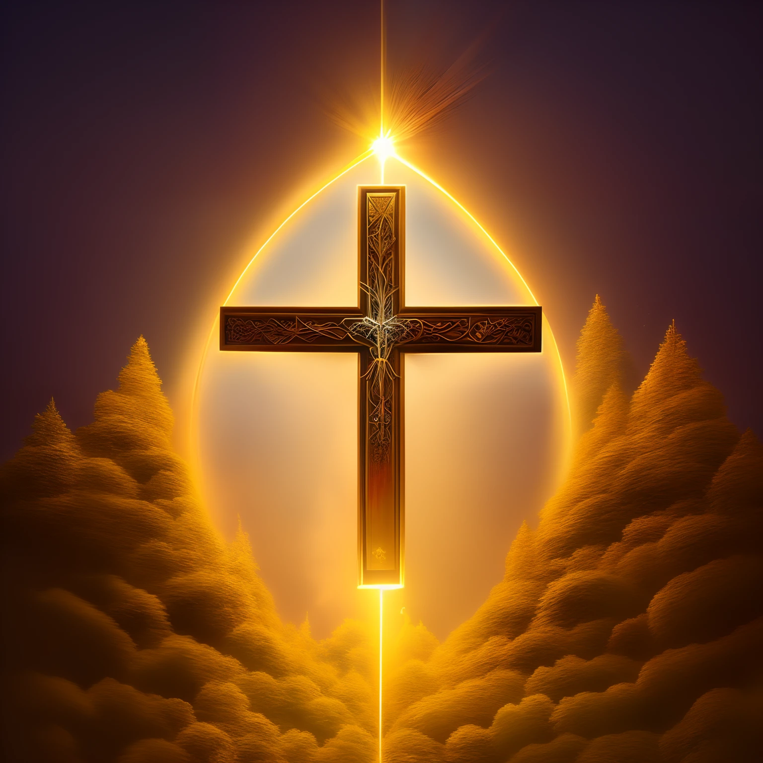 Oldjourney a Jesus Cross made of golden light with a cross on it, metaphysical painting, holding the earth, light bloom, high evolution, seen from above earth, connected to heart machines, 4-dimensional, lit from above, a dream, ivy, Jesus