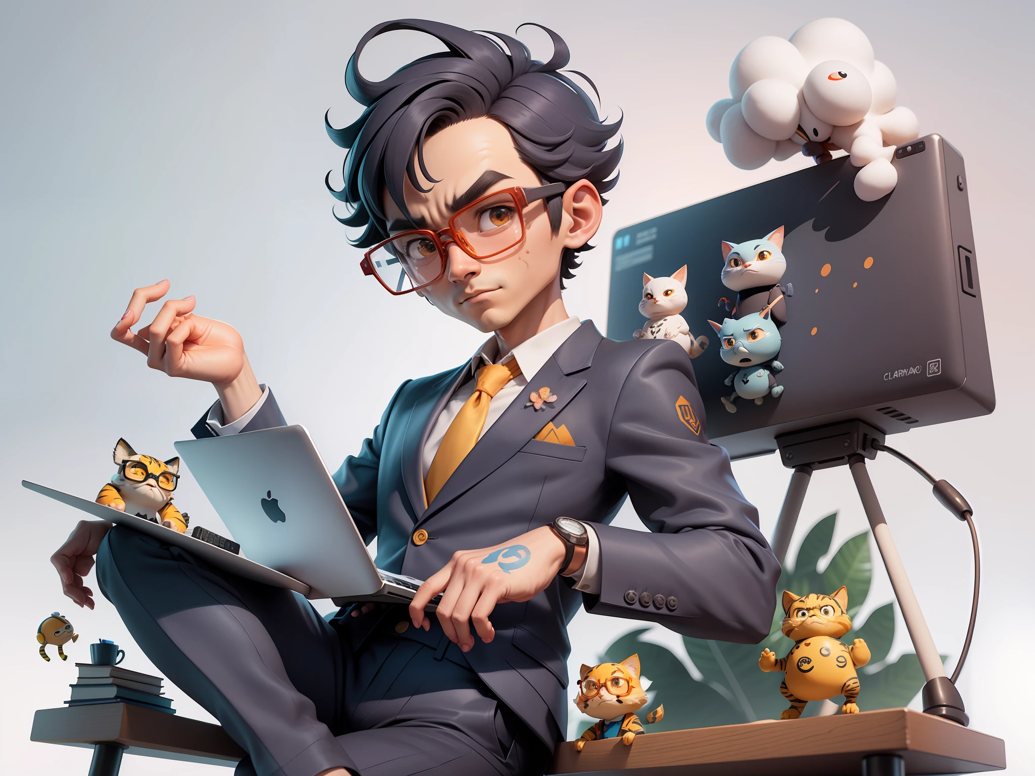 A young man in a suit, Short hair and glasses sat at his desk，holding laptop，digitial painting，tigre，3D character design by Mark Clairen and Pixar and Hayao Miyazaki and Akira Toriyama，4K HD illustration，Very detailed facial features and cartoon-style visuals。