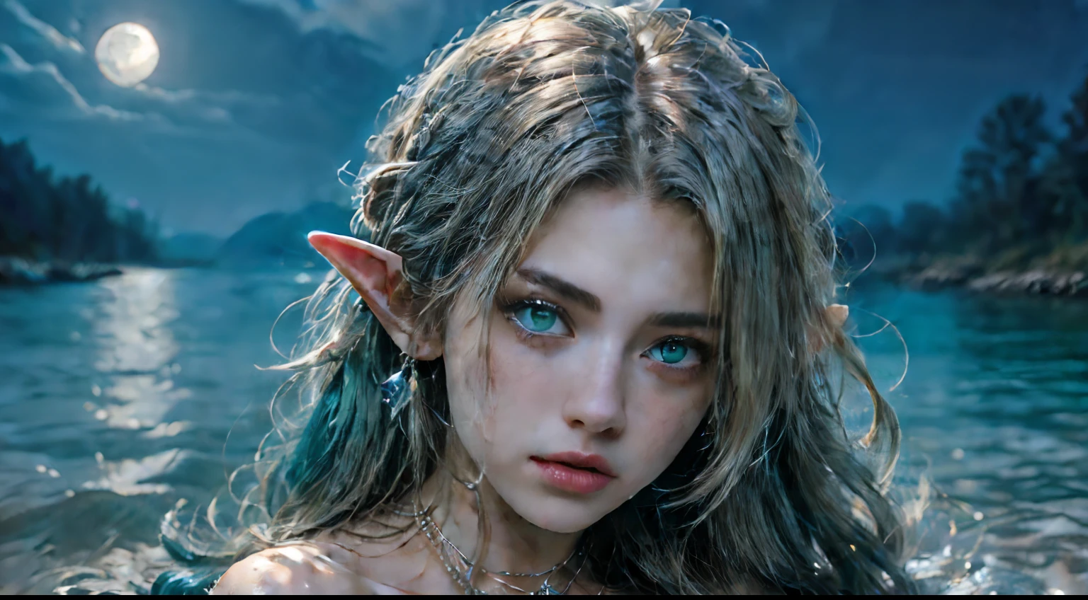 (Masterpiece: 1.3), (8k, Photorealistic, Photo RAW, Best quality: 1.4), (UHD), (Ultra high realism), (Ultra high definition), (Ultra high detail), (Increase contrast), (Increase saturation), (((1girl:1. 3)))), An elf woman, ((looks like a hybrid of Cabie Smulders and Eva Mendes, 21 years old))) (realistic face), with a perfect figure: 1,4, Pretty face, Beautiful face, (Realistic face), ((Elf ear)), Nice hairstyle, Realistic bright amber eyes, Nice details, (Realistic skin), Pale, smooth and luminous skin with iridescent sheen and no imperfections, Ultra high definition, Ultra realistic, Highly detailed, (Large breasts: 1.3), (Cleavage: 0.8), The elf immersed in the lake shrouded in a halo of darkness and mystery, looks up with arms outstretched above her head and hands clasped, conveying connection to the unseen. The gaze at the lunar light through the water evokes hope, wonder and contemplation, ethereal aspect. The folds of the water create serenity and stillness underwater, while the lunar light adds sparkles to the dress, creating a dreamy ambiance. her hair floats in the water like liquid silver snakes. Loose, silky strands are scattered around her(Straight, green hair, large breasts: 1,3), (Neckline), ((She wears a necklace of crystal beads that catches the moonlight and the water as she dives, reflecting soft, shimmering colors)), ((Slender figure: 1,2)), ((Toned waist), firm and curvaceous buttocks, ((plunging neckline)), ((The white Grecian dress is drenched in water, enhancing her figure and subtly showing off her contours. The neckline and details of the dress stand out)), Shot in 70mm, HQ, 8K (film grain: 1.3), 8k UHD, DSLR, soft lighting, high quality, HDRI, Fujifilm XT3.