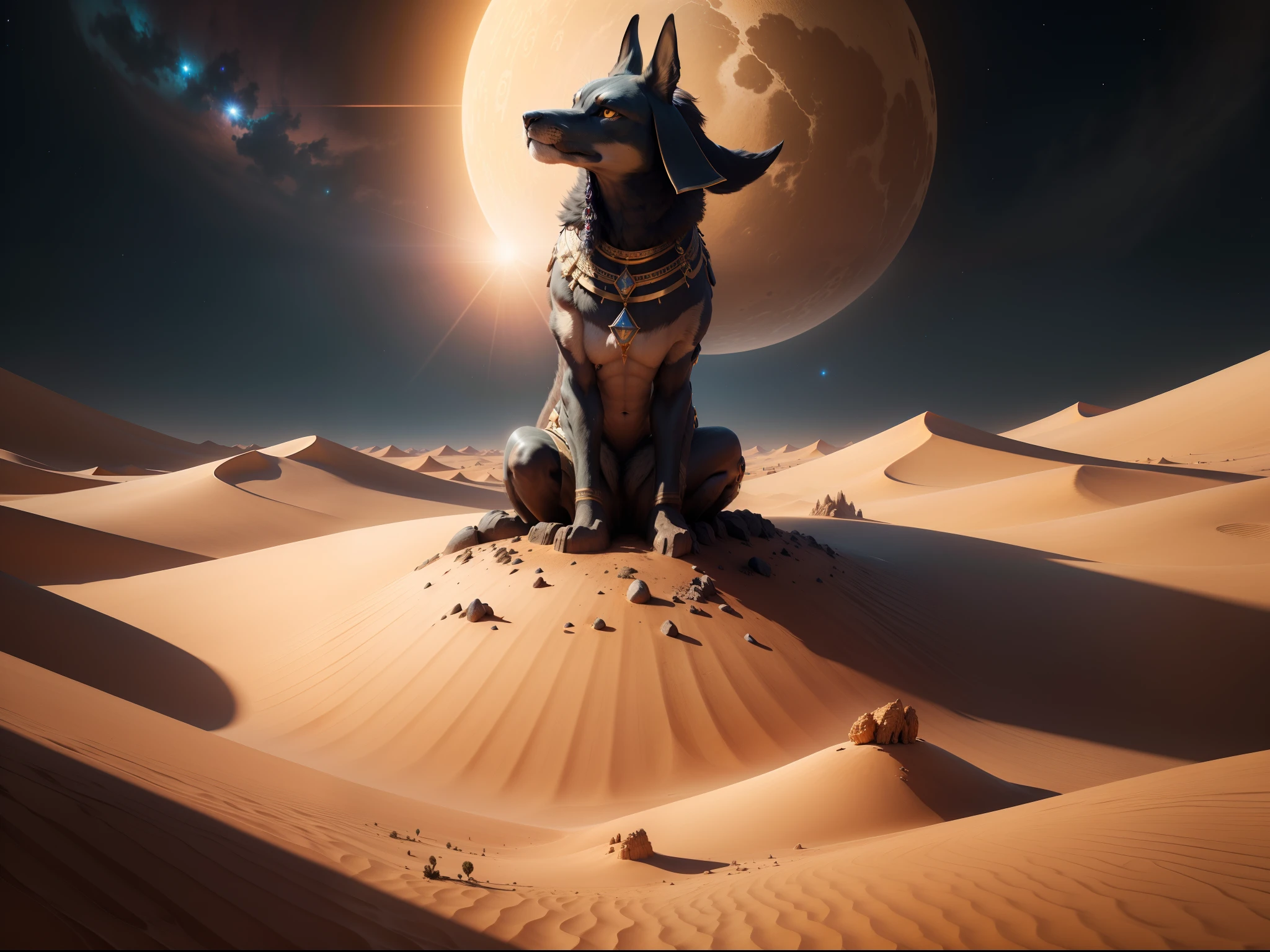 A realistic image of a desert with the god Anubis on it, and a lot of Anubis Chacals in a dark shaded desert, the sun light illuminates the scene, a lot of planets on the sky, realistic, 8k, scene are in front