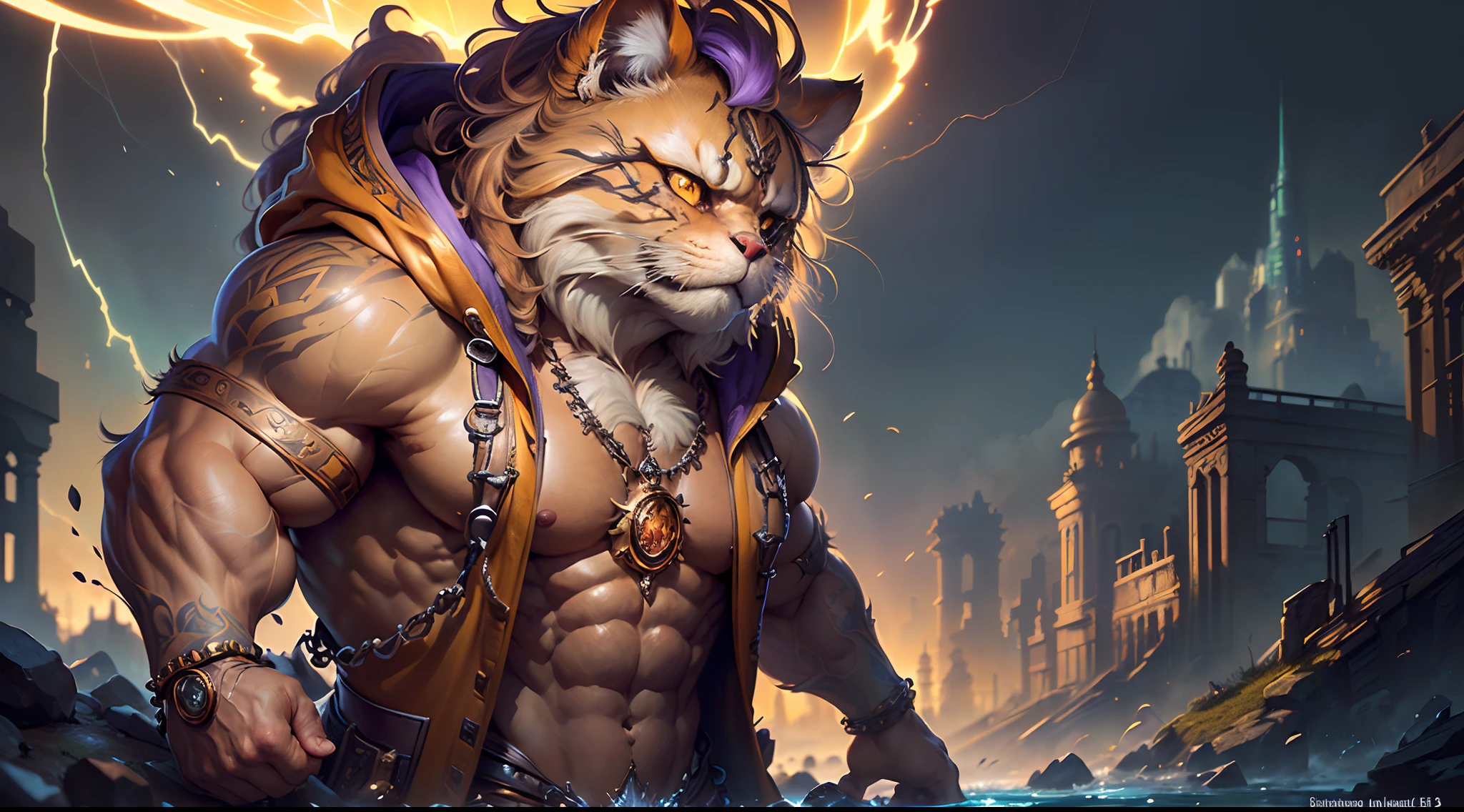 Hyperdetailed Painting, Jean-Baptiste Monge Style, persian cat Anthropomorphic, steampunk ,, , (extremely intricate robes, magical robes orange and purple), (extremely detailed background), ((dynamic background)), ((lightning)), (light rays), ,, , highest quality,, very angry face, body fitness, full body, long hair with braids , stands imposing in an ancient lost city. ,  stands imposing in an ancient lost city. Chiseled perfect body, insanely handsome and masculine face. Sunlight highlights his muscles and scars. The scenery is lush and mysterious, with ruins and vegetation. The camera details everything.