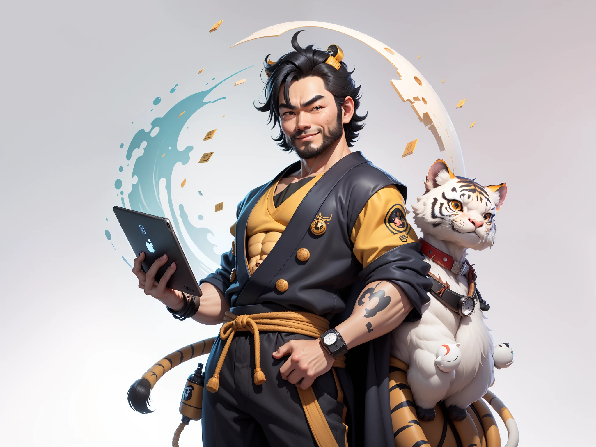 (Daisaku),(Need),(Super meticulous),(full bodyesbian:1.2),Super young man with Japanese geisha，Beautiful，orient，one tiger，Aeolian Thor，Raised sexy，爆乳，Oriental face，TV Anchor，Bust portrait illustration，In black suit，a blue tie，The face is slightly chubby，The face was clean，without a beard，Black super short hair，Black eyes，Smile confidently，3C computer sub-products，iPad， iphone，Digital painting，3D character design by Mark Clairen and Pixar and Hayao Miyazaki and Akira Toriyama，The illustration is a high-definition illustration in 4K resolution，With very detailed facial features and cartoon-style visuals。