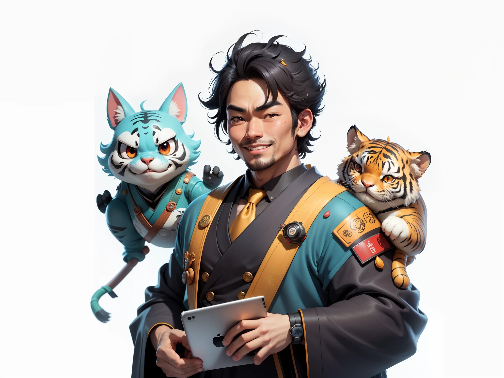 (Daisaku),(Need),(Super meticulous),(full bodyesbian:1.2),Super young man with Japanese geisha,Beautiful,orient,one tiger,Aeolian Thor,Raised sexy,爆乳,Oriental face,TV Anchor,Bust portrait illustration,In black suit,a blue tie,The face is slightly chubby,The face was clean,without a beard,Black super short hair,Black eyes,Smile confidently,3C computer sub-products,iPad, iphone,Digital painting,3D character design by Mark Clairen and Pixar and Hayao Miyazaki and Akira Toriyama,The illustration is a high-definition illustration in 4K resolution,With very detailed facial features and cartoon-style visuals。