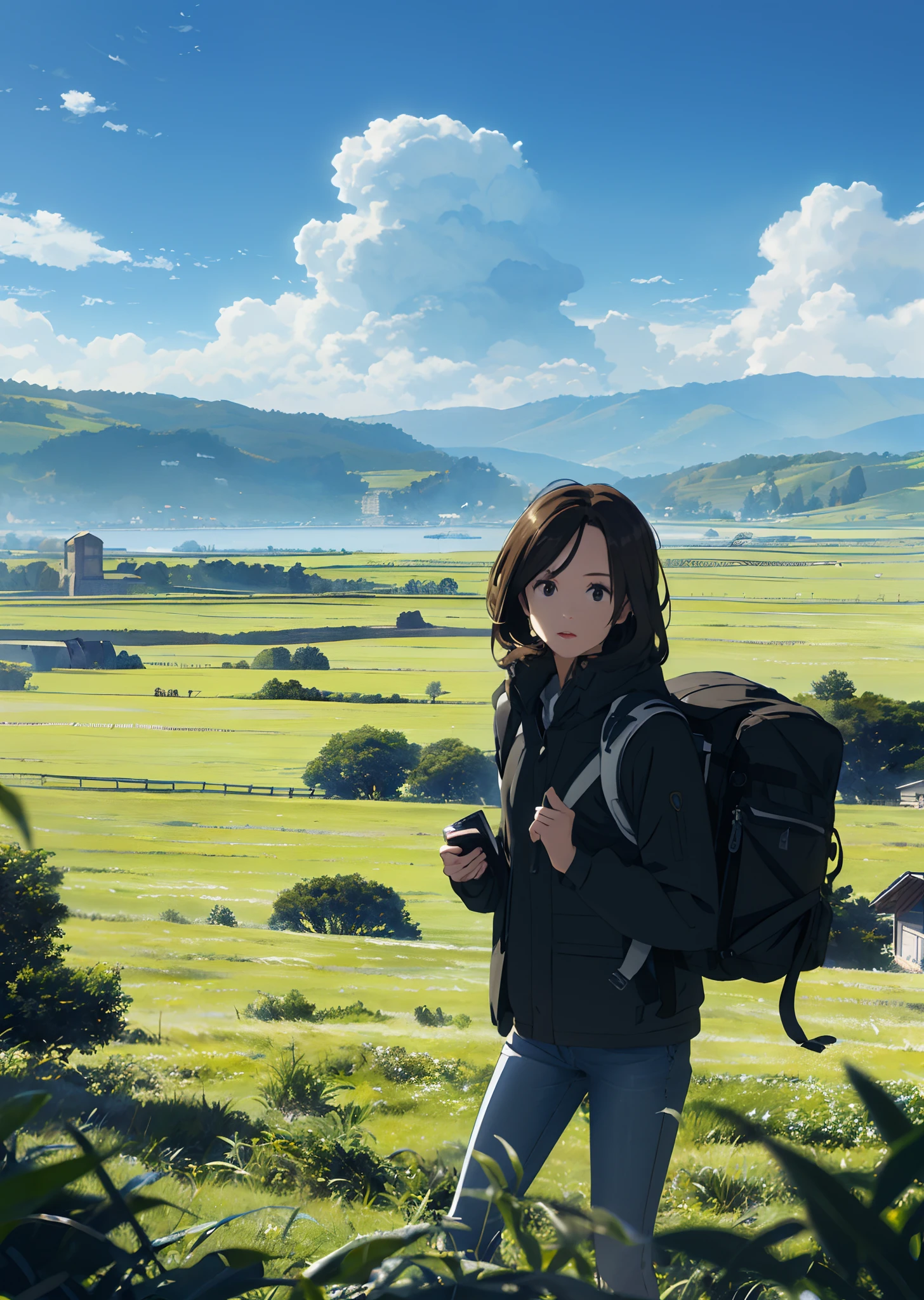 (beautiful and magnificent skyline、Majestic sky)、(extremely tense and dramatic pictures、the moving visual effects)、(high hanging Polaris、the colorful natural light)、(1girl in)、read a book、Look down、(parka、denim short pants、carrying a backpack)、(dynamicposes:6.9 Black eyes、Black princess cut hair、Shining girl)[:0.8]、(Large grasslands)、(Approaching breeze)、(Adjustment effect of brown hair and background:1.2)、(Close Shot、Long shot mix and match)[::0.9]