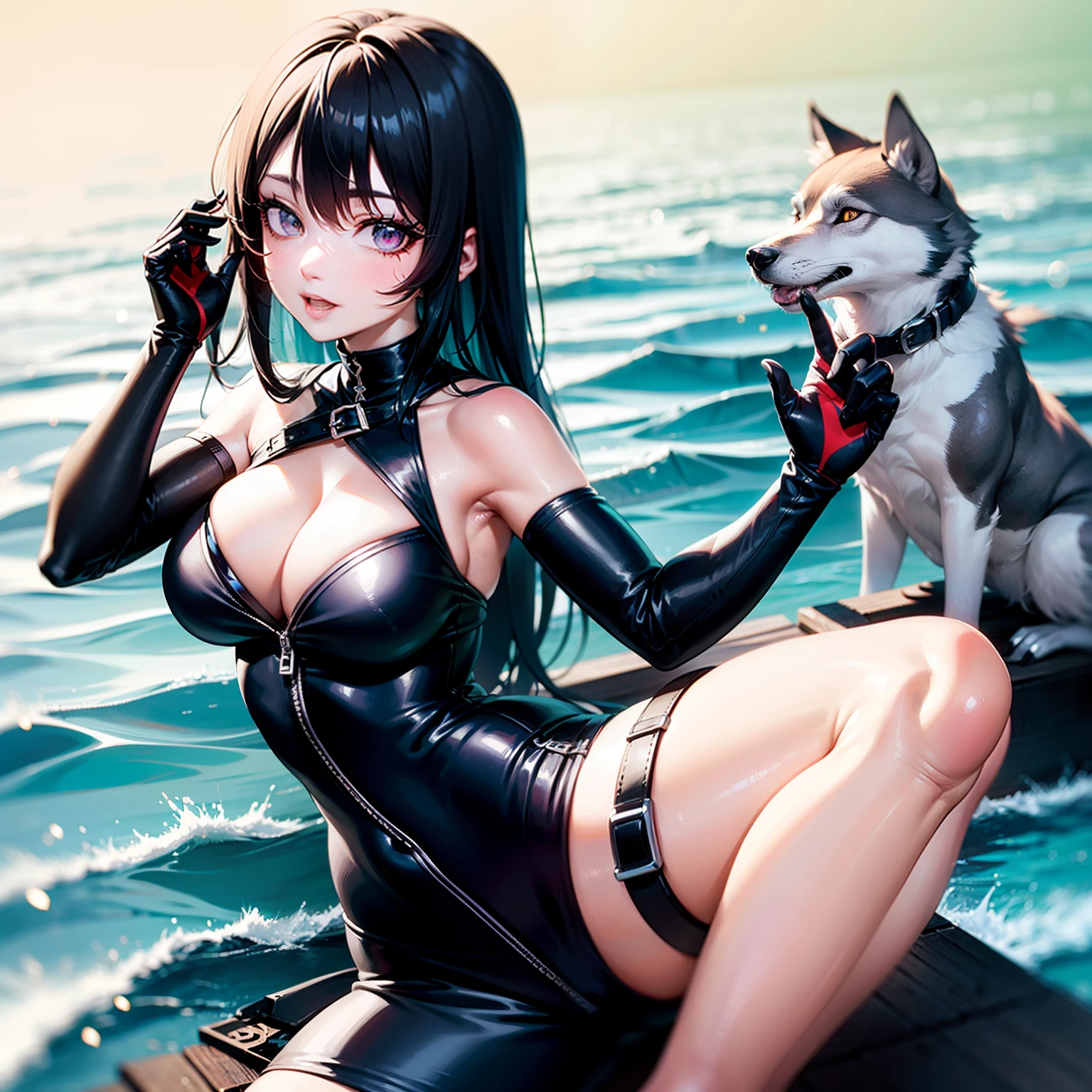 negra, wolf-demon hybrid, com assas de anjo, com o uniforme da U. A de boku no hero, com heterocromia, one eye violet and the other water green, com lobos ao seu lado, com a individualidade infinit, cabelos pretos,.