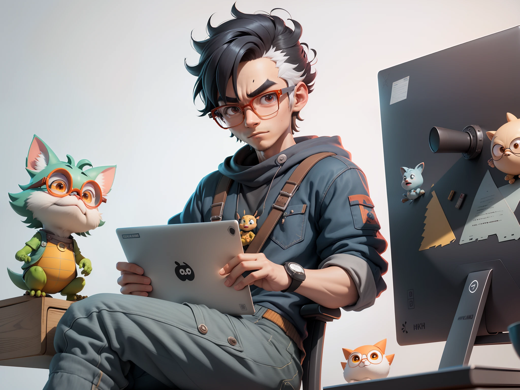 A young man with glasses sits at his desk,holding laptop,digitial painting,3D character design by Mark Clairen and Pixar and Hayao Miyazaki and Akira Toriyama,4K HD illustration,Very detailed facial features and cartoon-style visuals。