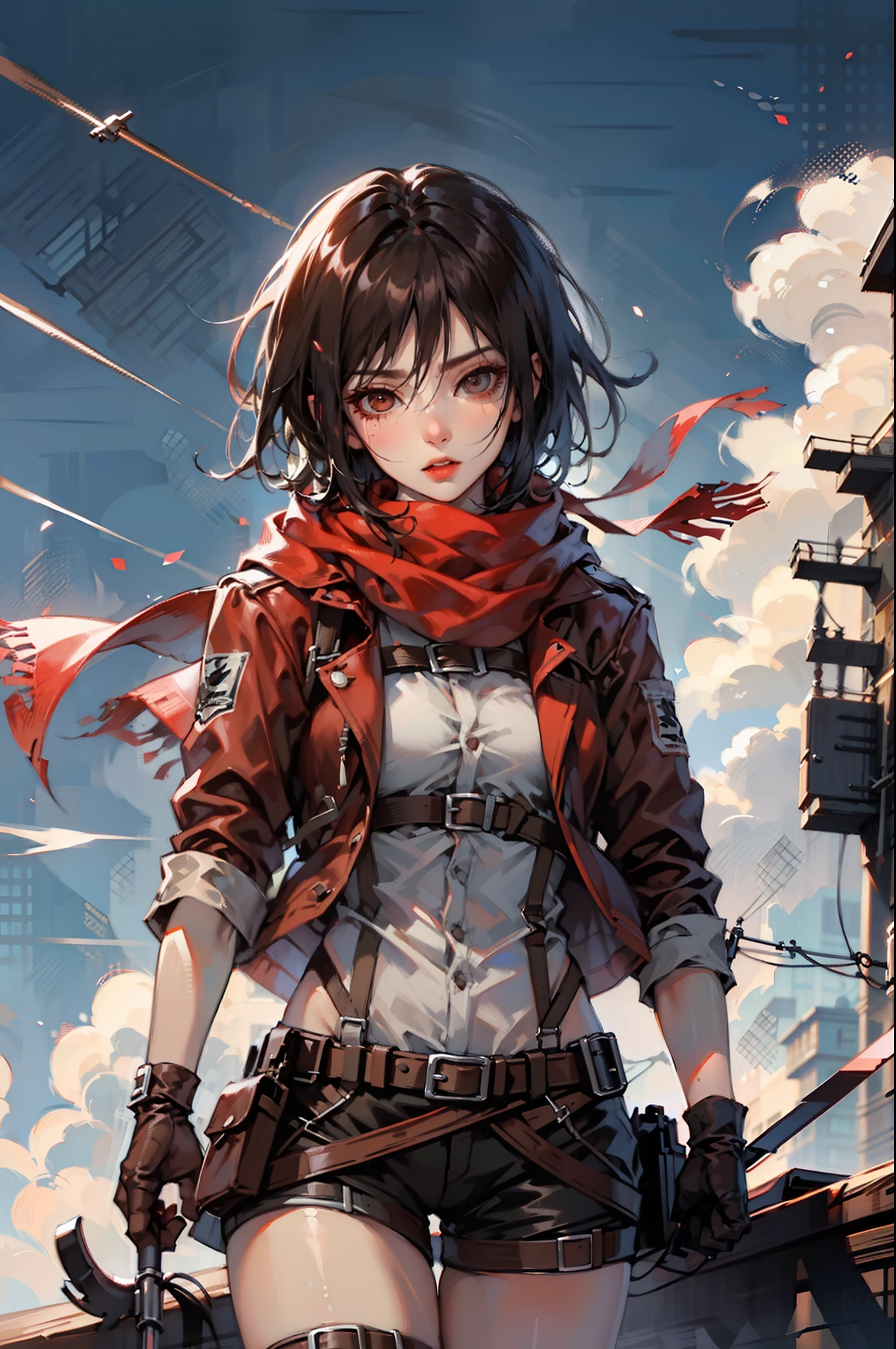 gpO\,best quality,1girl,mikasa_ackerman,Red scarf,sky,gloomy,Combat posture,Action art,Aim at the enemy,Face full of murderous look,sinister gang,butyric,weapon,Minimalism,Impact art,ruins,