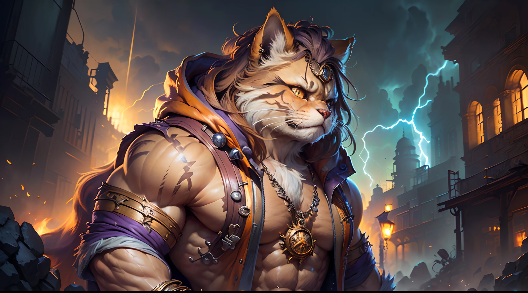 Hyperdetailed Painting, Jean-Baptiste Monge Style, persian cat Anthropomorphic, steampunk ,, , (extremely intricate robes, magical robes orange and purple), (extremely detailed background), ((dynamic background)), ((lightning)), (light rays), ,, , highest quality,, very angry face, body fitness, full body, long hair with braids , stands imposing in an ancient lost city. , stands imposing in an ancient lost city. Chiseled perfect body, insanely handsome and masculine face. Sunlight highlights his muscles and scars. The scenery is lush and mysterious, with ruins and vegetation. The camera details everything.
