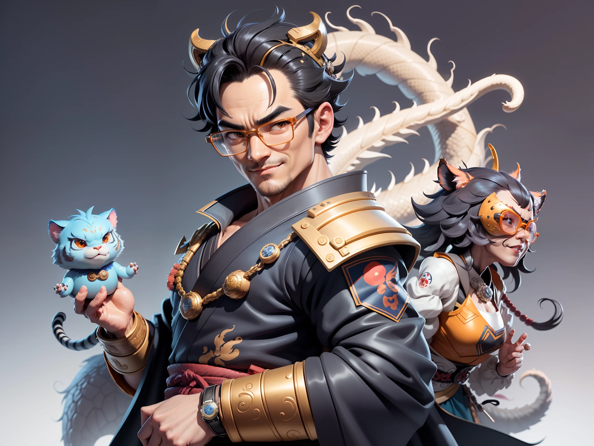 (Masterpiece), (Excellent), (Super Meticulous), (Full Body: 1.2), Super Young Man with Japanese Female Geisha, Pretty, Beautiful, Chinese Dragon, Tiger, Wind God Thor, Sexy, Bursting, Oriental Face, TV Anchor, Bust Portrait Illustration, Black Suit, Blue Tie, Slightly Chubby Face, Silver Glasses, Very Clean Face, No Beard on Chin, Black Super Short Hair, Black Eyes, Confident Smile, 3c Computer Sub-Products, iPad, iPhone, Digital Painting, 3D character design by Mark Clairedon and Pixar and Hayao Miyazaki and Akira Toriyama, the illustrations are HD illustrations in 4K resolution with highly detailed facial features and cartoon-style visuals.