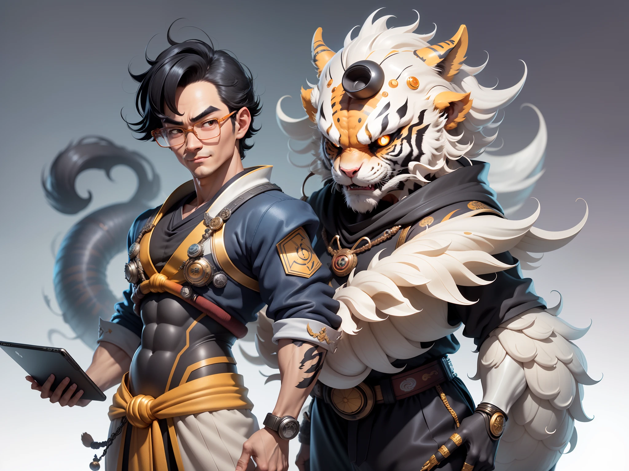 (Masterpiece), (Excellent), (Super Meticulous), (Full Body: 1.2), Super Young Man with Japanese Female Geisha, Pretty, Beautiful, Chinese Dragon, Tiger, Wind God Thor, Sexy, Bursting, Oriental Face, TV Anchor, Bust Portrait Illustration, Black Suit, Blue Tie, Slightly Chubby Face, Silver Glasses, Very Clean Face, No Beard on Chin, Black Super Short Hair, Black Eyes, Confident Smile, 3c Computer Sub-Products, iPad, iPhone, Digital Painting, 3D character design by Mark Clairedon and Pixar and Hayao Miyazaki and Akira Toriyama, the illustrations are HD illustrations in 4K resolution with highly detailed facial features and cartoon-style visuals.