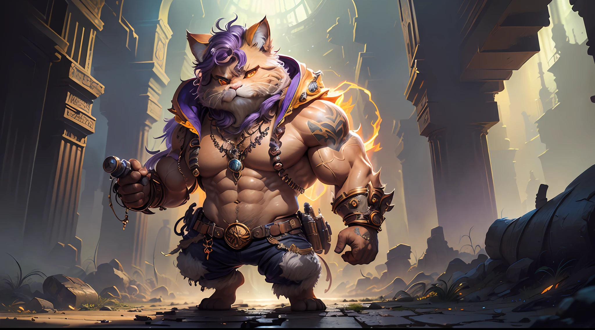 Hyperdetailed Painting, Jean-Baptiste Monge Style, persian cat Anthropomorphic, steampunk ,, , (extremely intricate robes, magical robes orange and purple), (extremely detailed background), ((dynamic background)), ((lightning)), (light rays), ,, , highest quality,, very angry face, body fitness, full body, long hair with braids , stands imposing in an ancient lost city. , stands imposing in an ancient lost city. Chiseled perfect body, insanely handsome and masculine face. Sunlight highlights his muscles and scars. The scenery is lush and mysterious, with ruins and vegetation. The camera details everything.